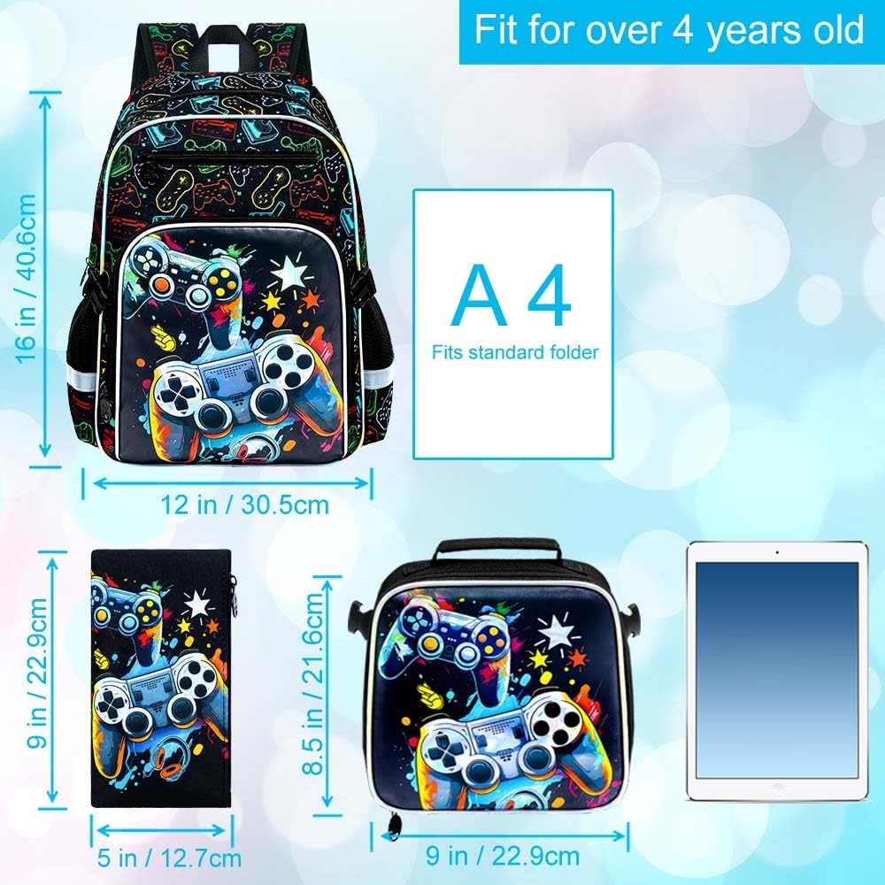 UFNDC Kids Backpack for Boys, 3PCS Bookbag Set with Clip-On Lunch Box, Water Resistant Game School Bag for Elementary Preschool Toddler, CLIP & GO!