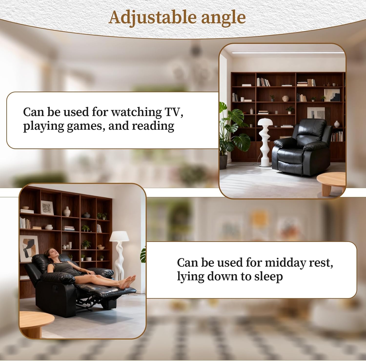 Living Room Furniture Sets, Sectional Leather Sofa Set, Adjustable Recliner Chair with Manual Button for Living Room/RV/Office (Chair, Black Leather)