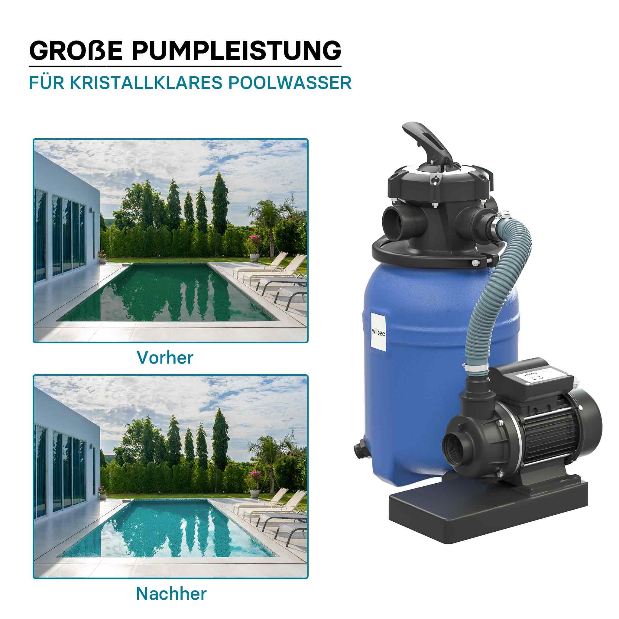 Wiltec System filtra piaskowego 180 W ze zbiornikiem filtra 14 l i pompą samozasysającą 9000 l/h, pompa piaskowa do basenu, filtr do basenu