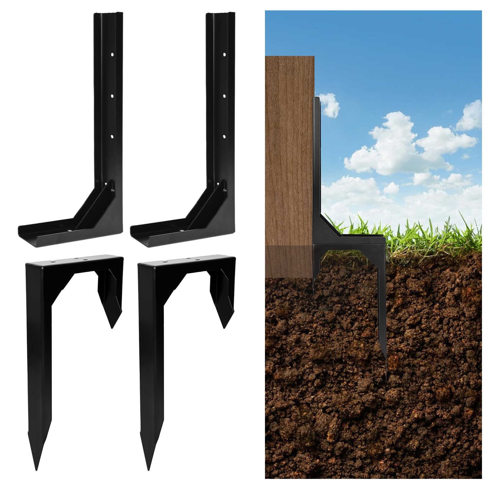 Nisorpa 2 Pack Fence Post Repair Stakes Heavy Duty, Adjustable Garden Fence Post Support, Metal Ground Spikes for Tilted/Broken Wood Post, Mailbox