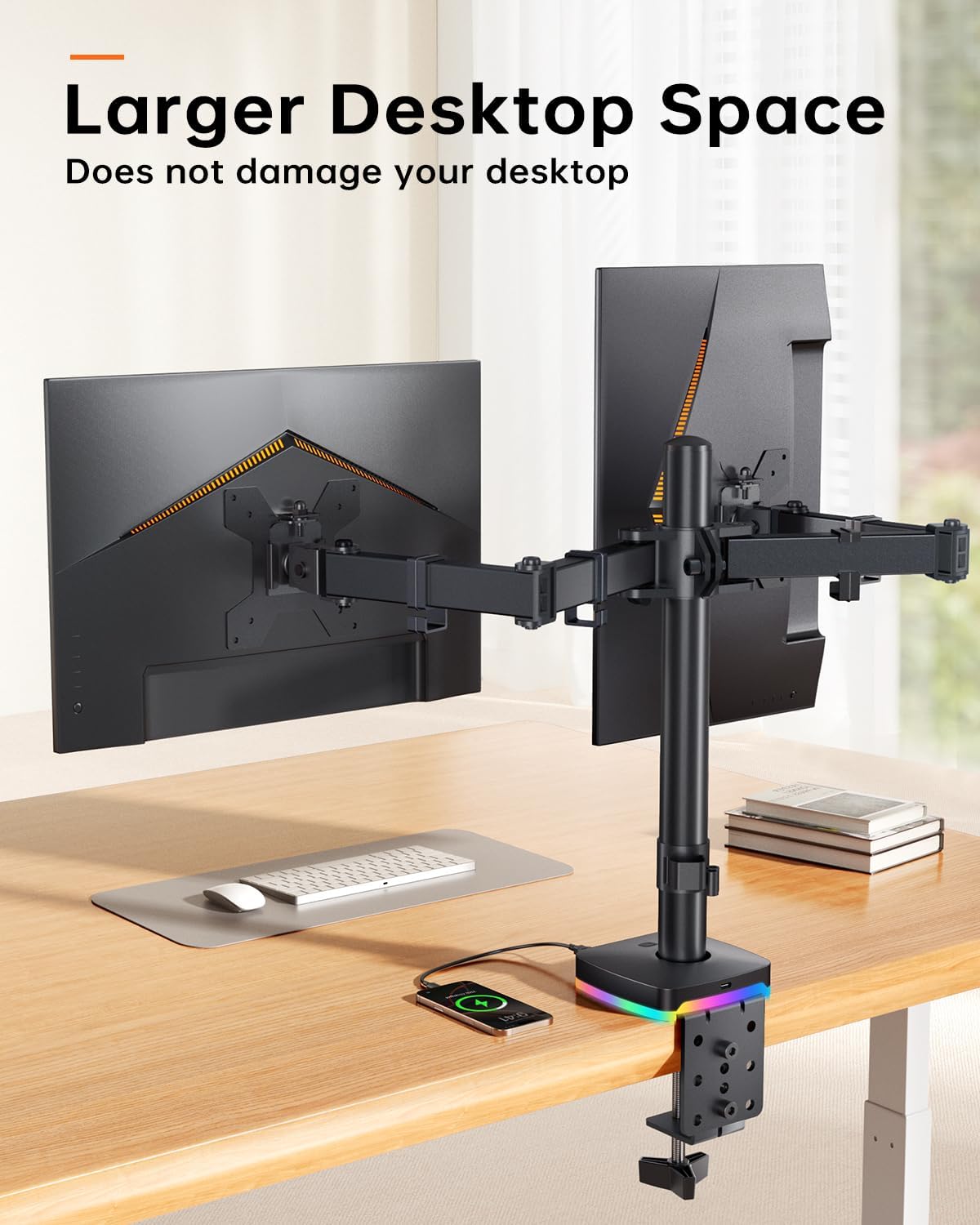 RGB Dual Monitor Desk Mount, Monitor Stand with 3 USB Ports, Charging and USB Data Transfer Function, Adjustable Arms for 13"-27" Monitors up to 17.6lbs, VESA 75x75mm 100x100mm, Ergonomic Design