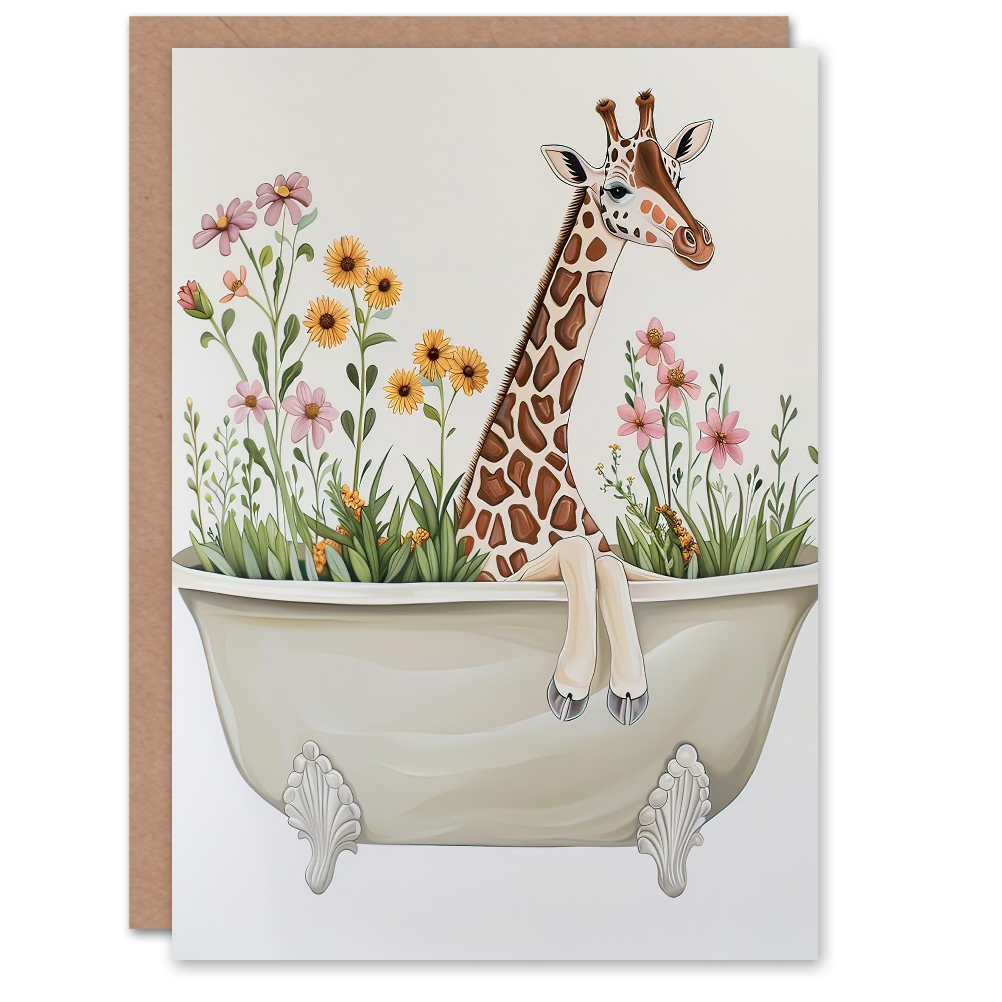 Artery8 Greeting Card Cute Boho Giraffe in Bathtub Filled with Flowers Blank For Him Or Her Art Birthday Card