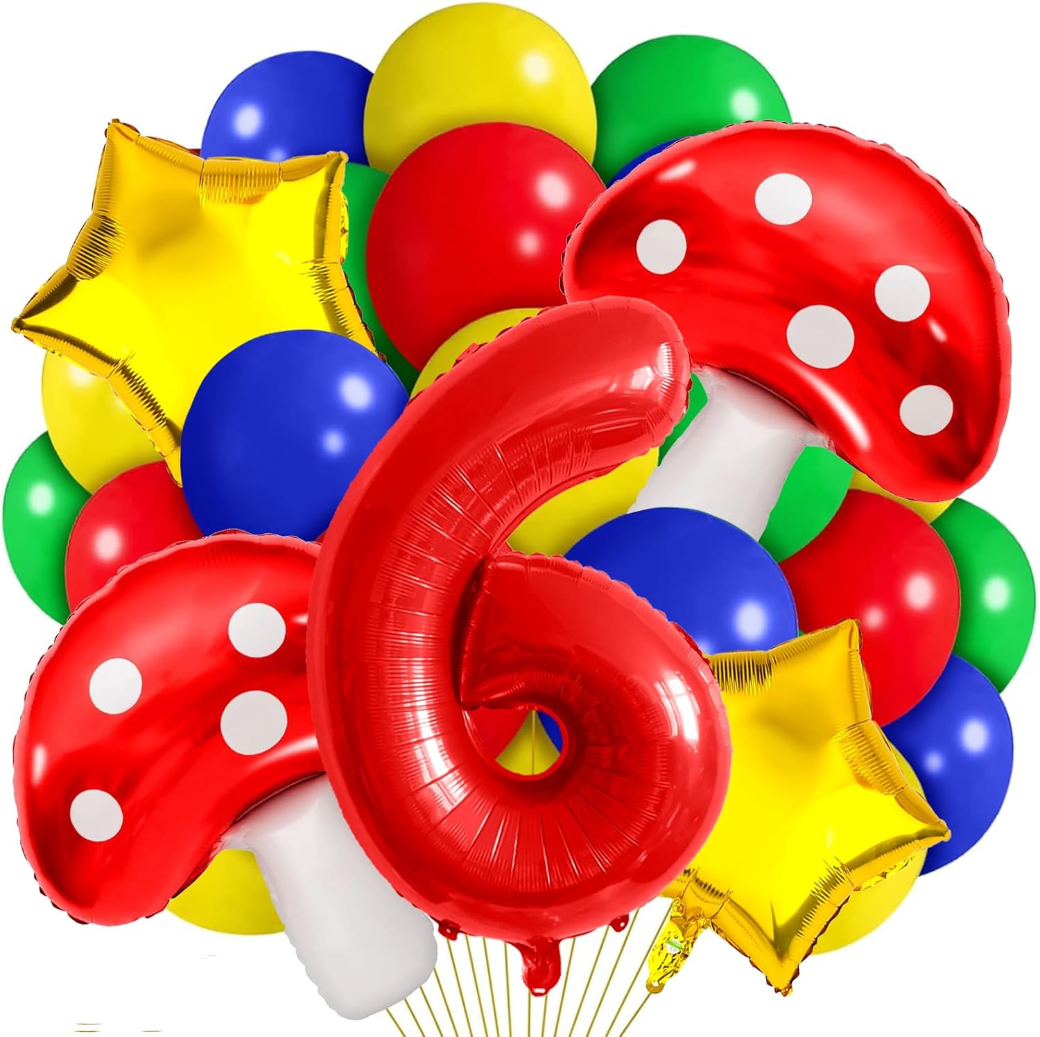 6 Balloon Number Red Blue Green Yellow Balloon Cartoon Mushroom Decorations Star Balloons for Birthday, Carnival, Party Activities, Cartoon Video Game Theme Party Supplies
