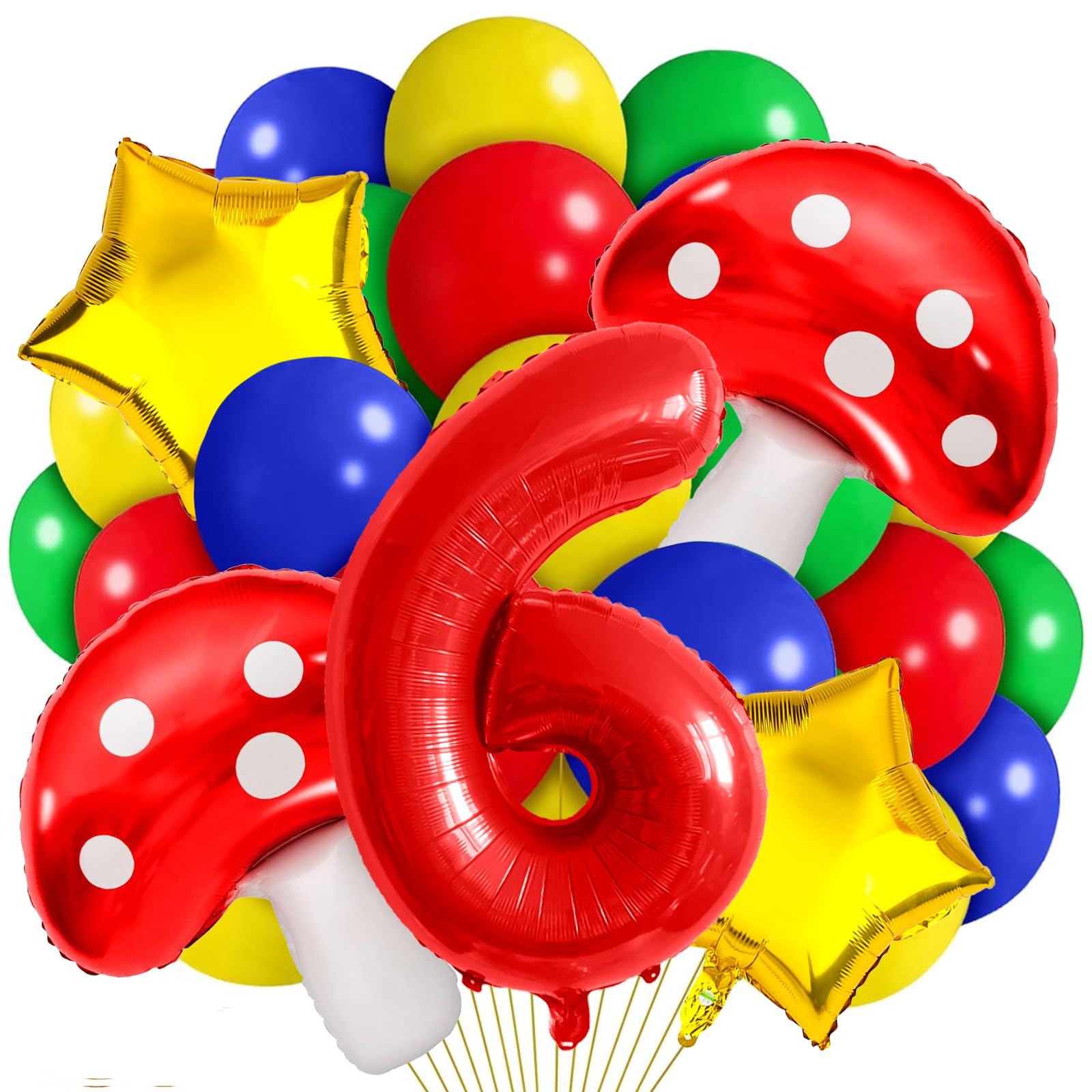 6 Balloon Number Red Blue Green Yellow Balloon Cartoon Mushroom Decorations Star Balloons for Birthday, Carnival, Party Activities, Cartoon Video Game