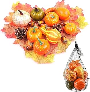 Lot de 50 Pièces de Feuilles Citrouille Artificielle Halloween,Feuilles D'érable Artificielles Automne,Citrouilles et Glands pour Halloween Thanksgiving Anniversaire Noël Décoration