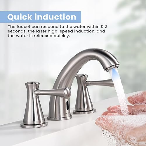 Miniatura 5 de GOESMO Grifo de baño sin contacto con 2 sensores, 2 asas, grifo de lavabo de baño generalizado de 3 agujeros, sensor de movimiento automático,
