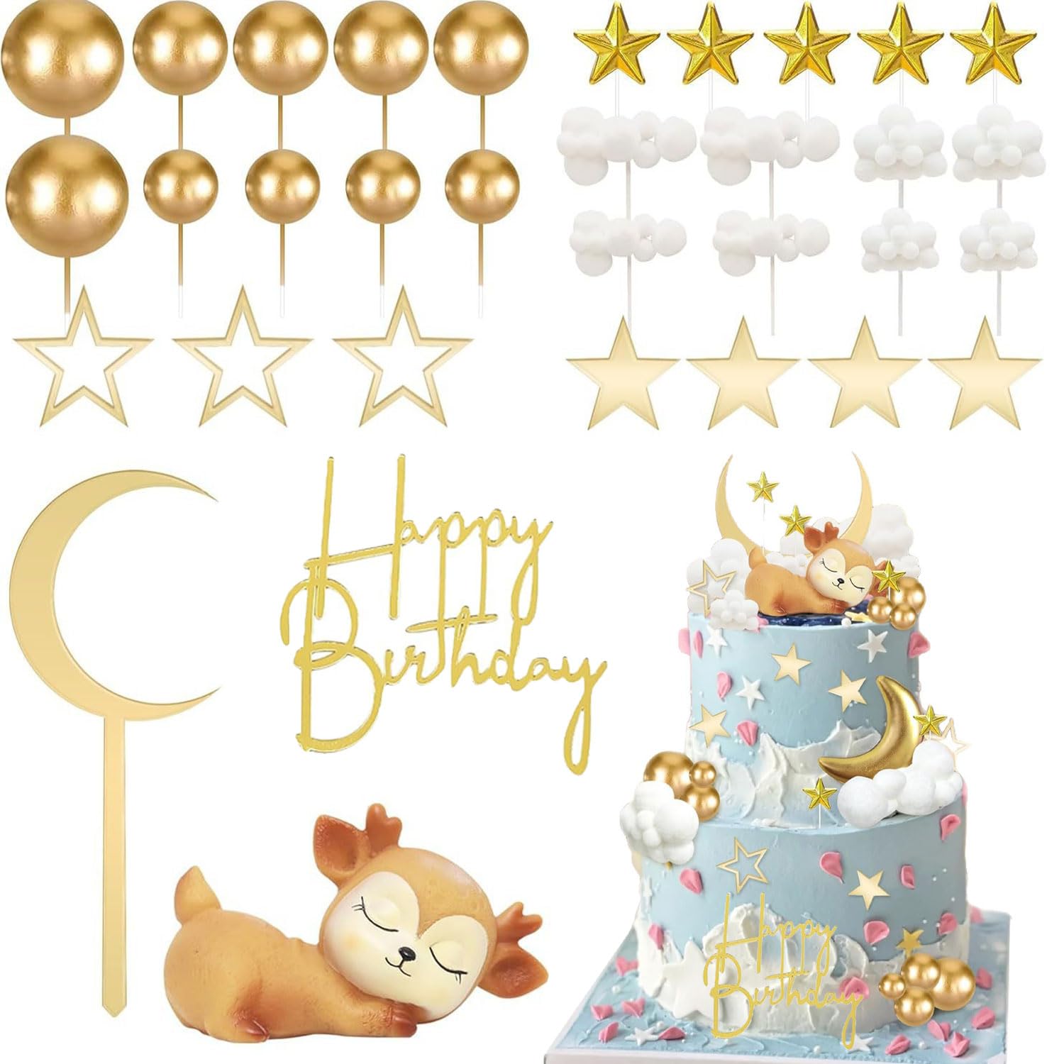 Gansdnek 33 Pieces Rehkitz Cake Decoration Birthday, Baby Deer Figures Cake Topper, Forest Animals Figures Cake Topper with Moon Star Clouds & Fawn for Kids Baby Shower Girl Boy Birthday Party