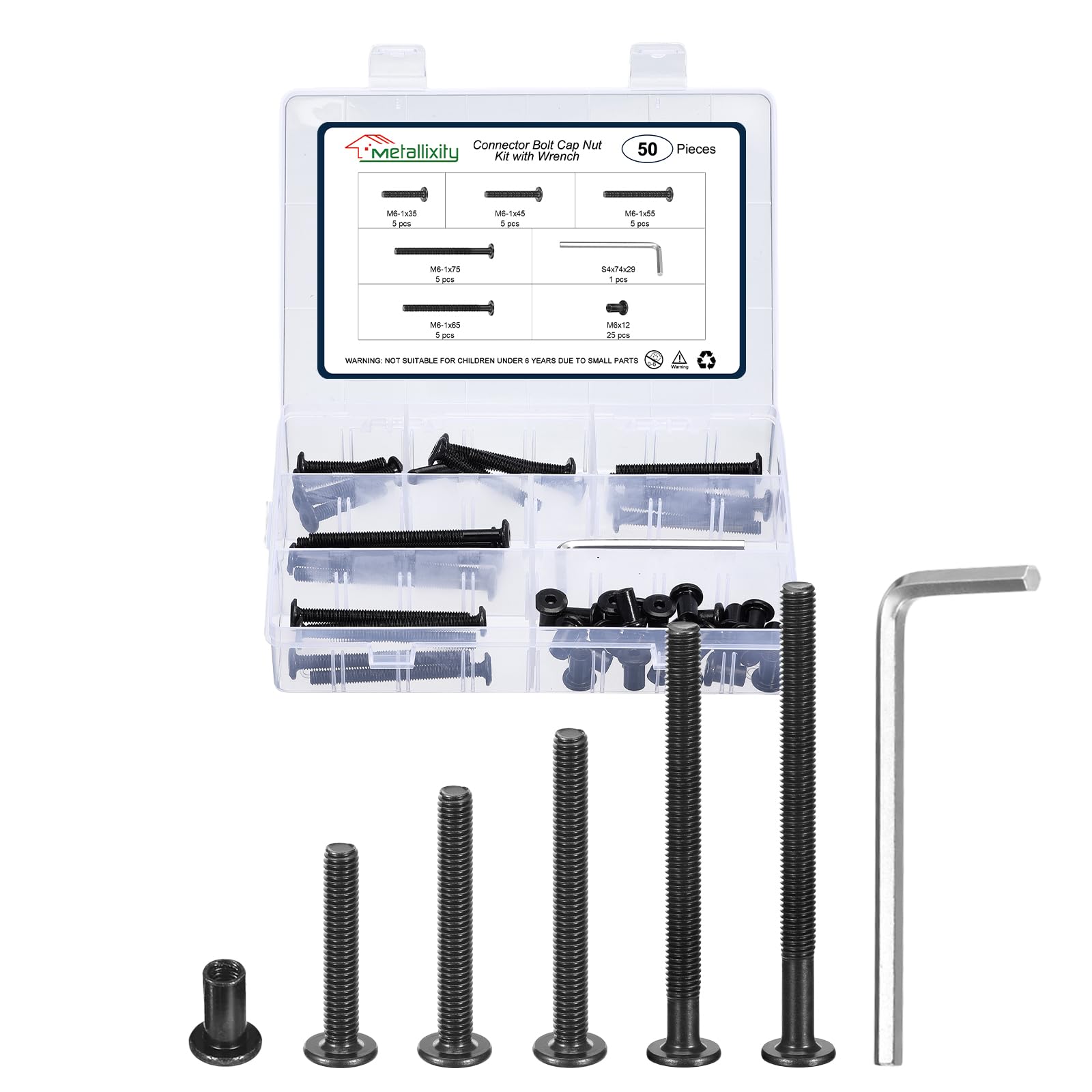 METALLIXITY Furniture Crib Screws Replacement Set with Wrench(M6-1x35/45/55/65/75mm) 50Pcs, Galvanization Connector Bolts M6 Screw Barrel Nuts Binding Screws, for Chair Cabinet Bed, Black — image 1