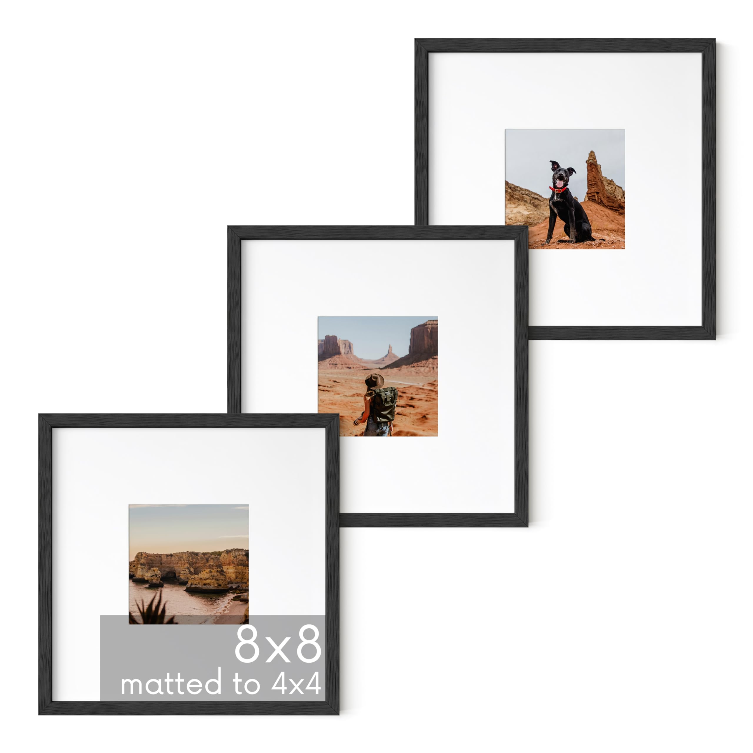HAUS AND HUESSolid Oak Wood 8”x8” Picture Frames Matted to 4”x4” Set of 3 - Black Square Frames, 8x8 Black Photo Frames, Square Picture Frames, 8 x 8 Black Picture Frame Set (Black Frame)