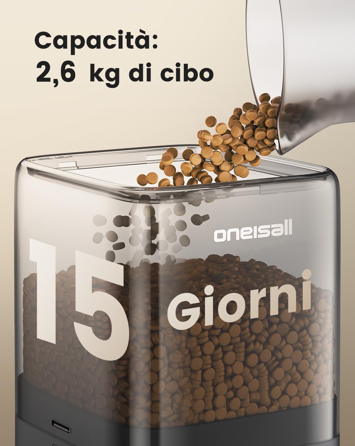Oneisall Distributore Automatico di Crocchette Standard, 5L per 2 Gatti, per Cibo Secco, Ciotola in Acciaio Inox 304, Programmabile 1-6 Pasti al Giorno per Cani e Gatti, Nero