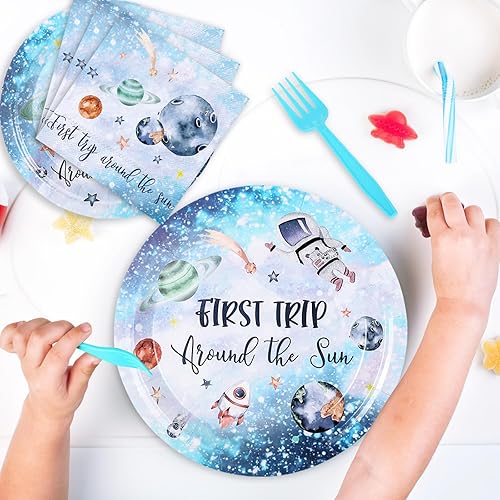 Miniatura 6 de Whaline Juego de vajilla de 100 piezas para el primer viaje alrededor del sol, juego de vajilla temática del espacio exterior, adecuado para