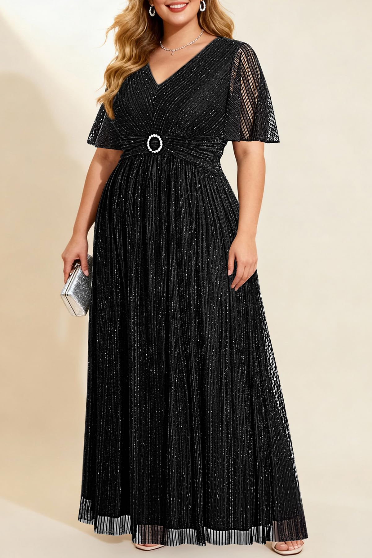 Talisea Plus Size Formal Dresses - Wedding Guest Evening Gown Sparkly Sequin Prom Gala Ball Maxi Dress with Short Sleeves