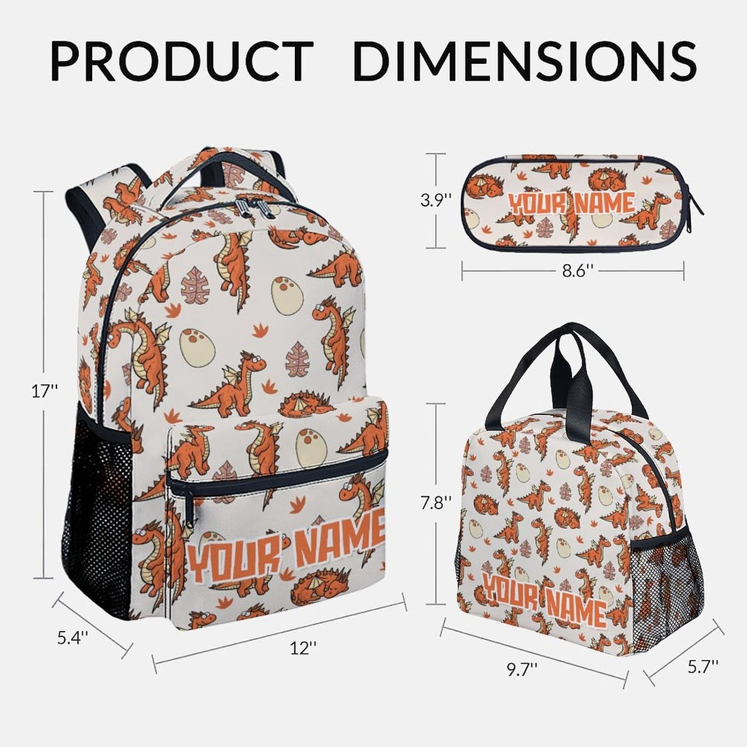 Custom Kid Backpack with Lunch Bag Set for Boys - 3 in 1 Primary Middle School Backpacks Matching Combo - Large Capacity, Durable, Orange Dragon Bookbag and Pencil Case Bundle