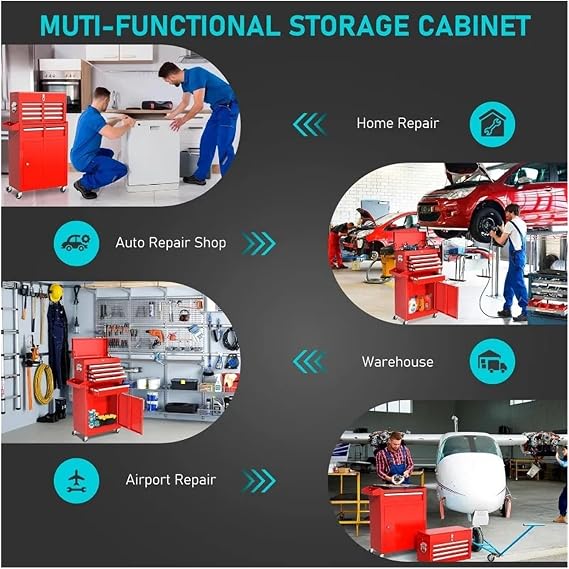 Portable Rolling Tool Chest with Detachable Top Box & Lockable Wheels | Heavy Duty Tool Cabinet with Drawer Liners for Garage, Warehouse & Repair Shop