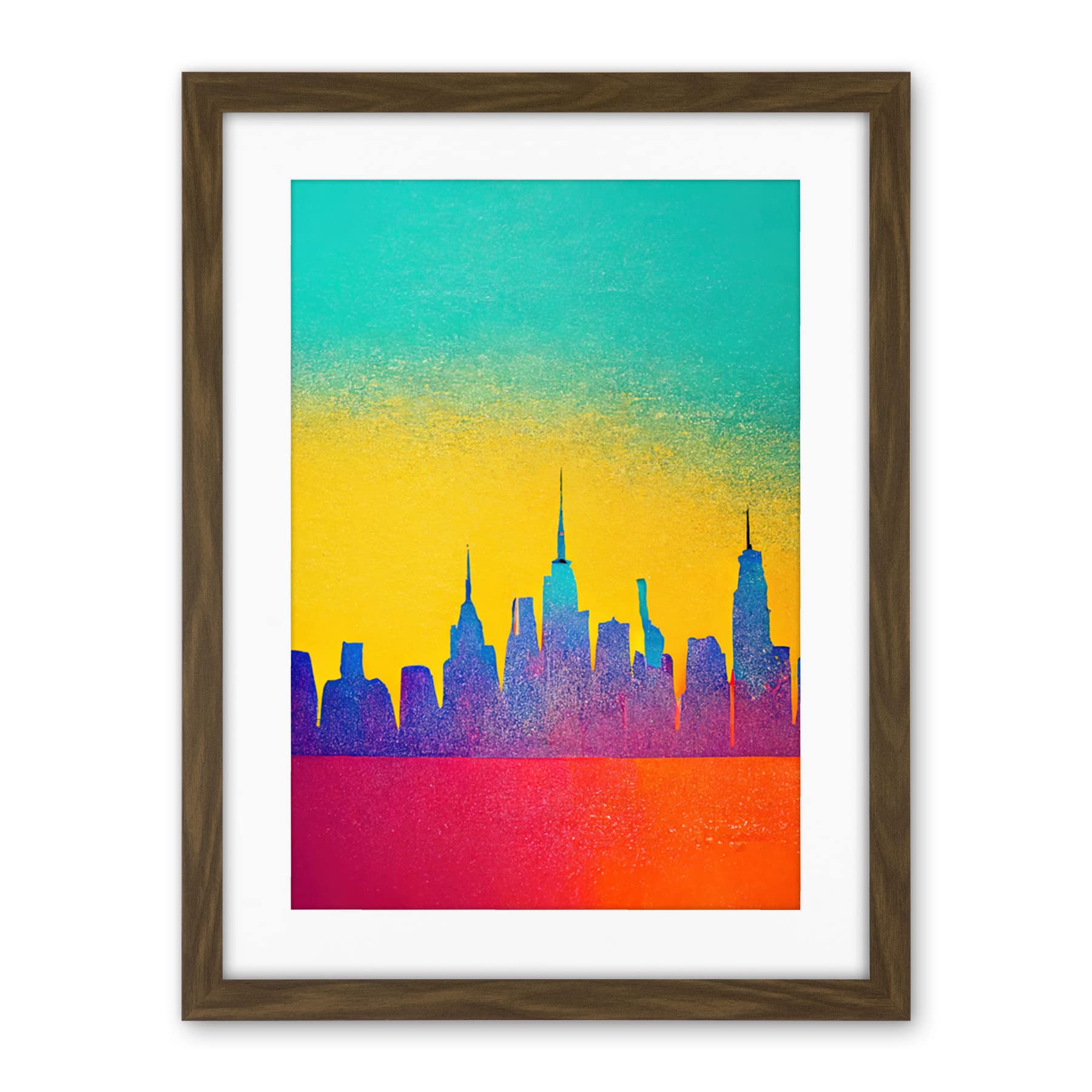Wee Blue Coo Bright Colourful Abstract New York Skyline Cityscape Yellow Blue Coral Turquoise Artwork Framed Wall Art Print 18X24 Inch