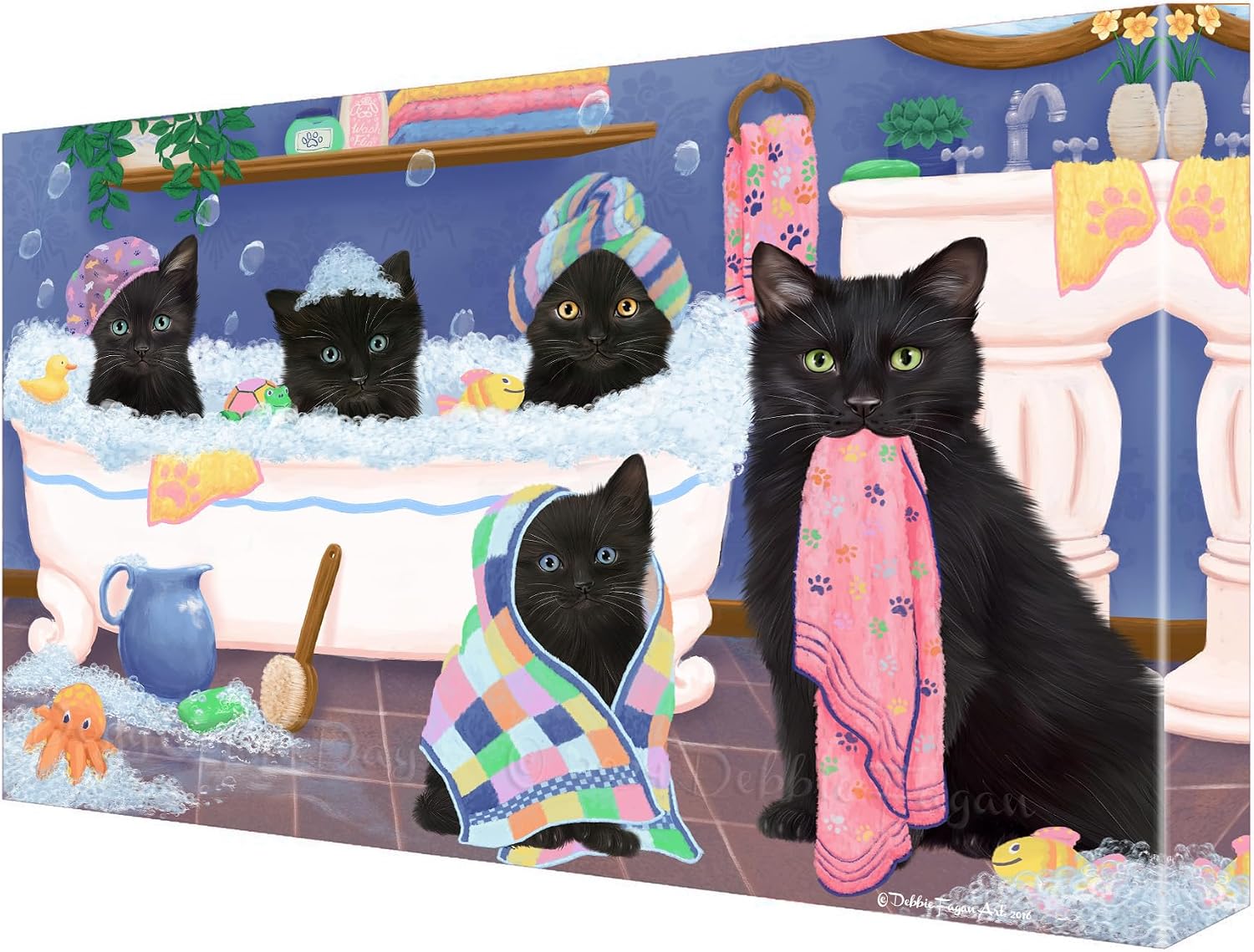 Doggie of the Day Bathtub Family with Black Cats Canvas Wall Art - Premium Quality Ready to Hang Room Decor - Flat Rolled 16" x 20"