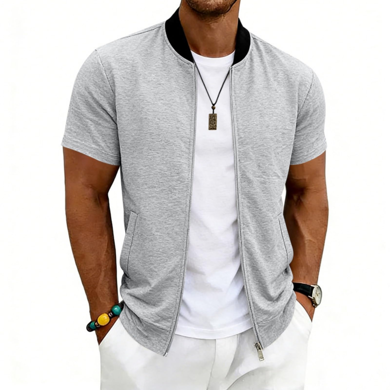 Generisch Herren Kurzarm Sommer Jacken Herren Leichte Baseballjacke mit Stehkragen Reißverschluss Leichte Bomberjack Outdoorjacke Lässige Übergangsjacke für Alltag BüRo und Reisen