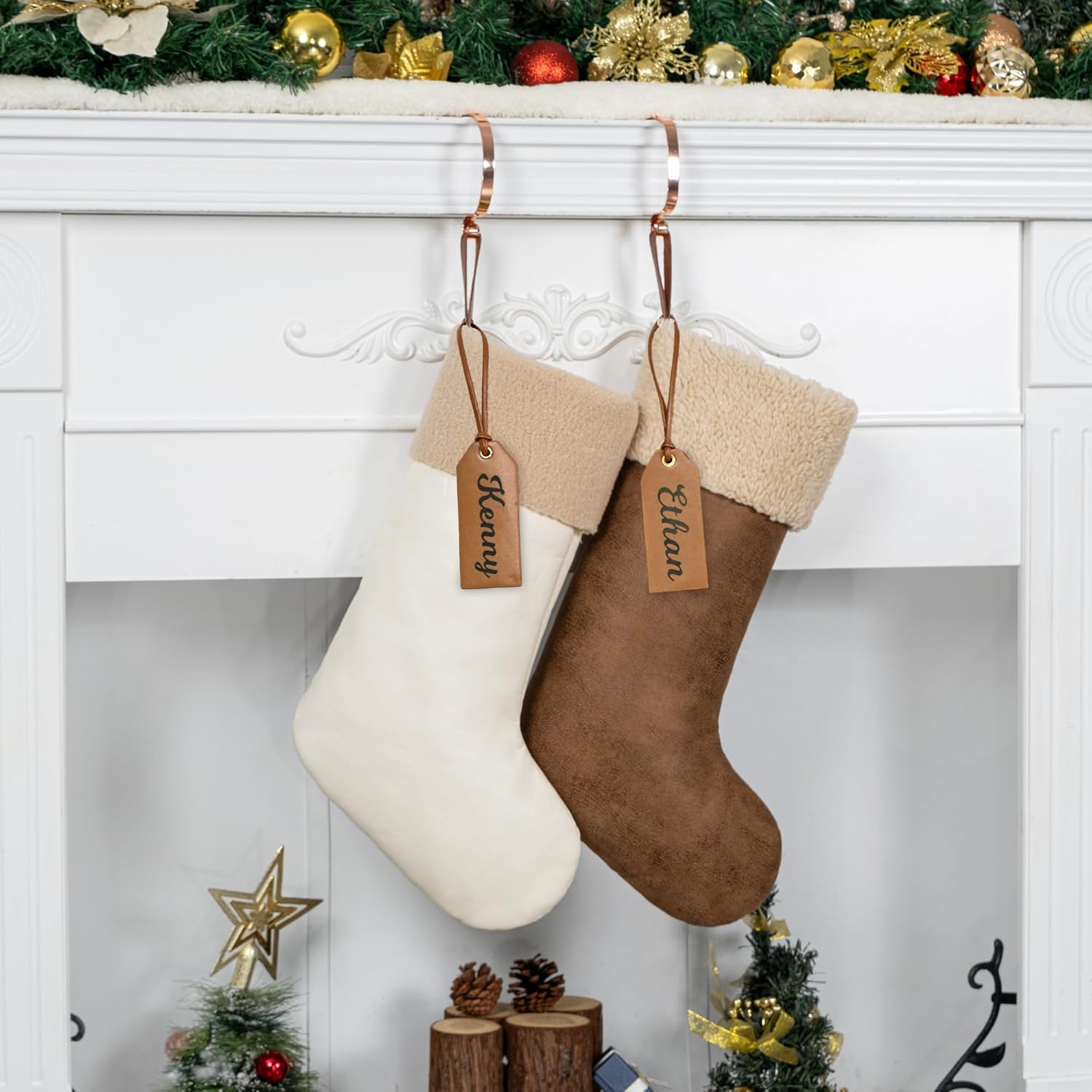 GEX Christmas Stockings 2 Pack with DIY Nametag for Family 20" Large Pleather Plush Luxury Faux-Wool Boho Modern Neutral Stockings Fireplace Decorations Ornaments for Xmas (Brown & White)