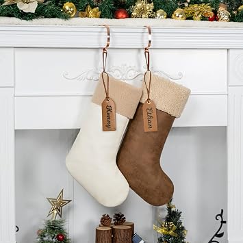 GEX Christmas Stockings 2 Pack with DIY Nametag for Family 20" Large Pleather Plush Luxury Faux-Wool Boho Modern Neutral Stockings Fireplace Decorations Ornaments for Xmas Brown & White