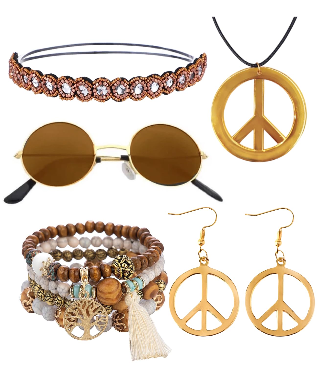 kasahara Hippie Accessoires 5 Stück Set, Hippie Kostüm Damen Kleidung, 60er 70er Jahre Bekleidung Abba Kostüm Accessoires Faschingskostüme Karneval Damen Boho Zubehör