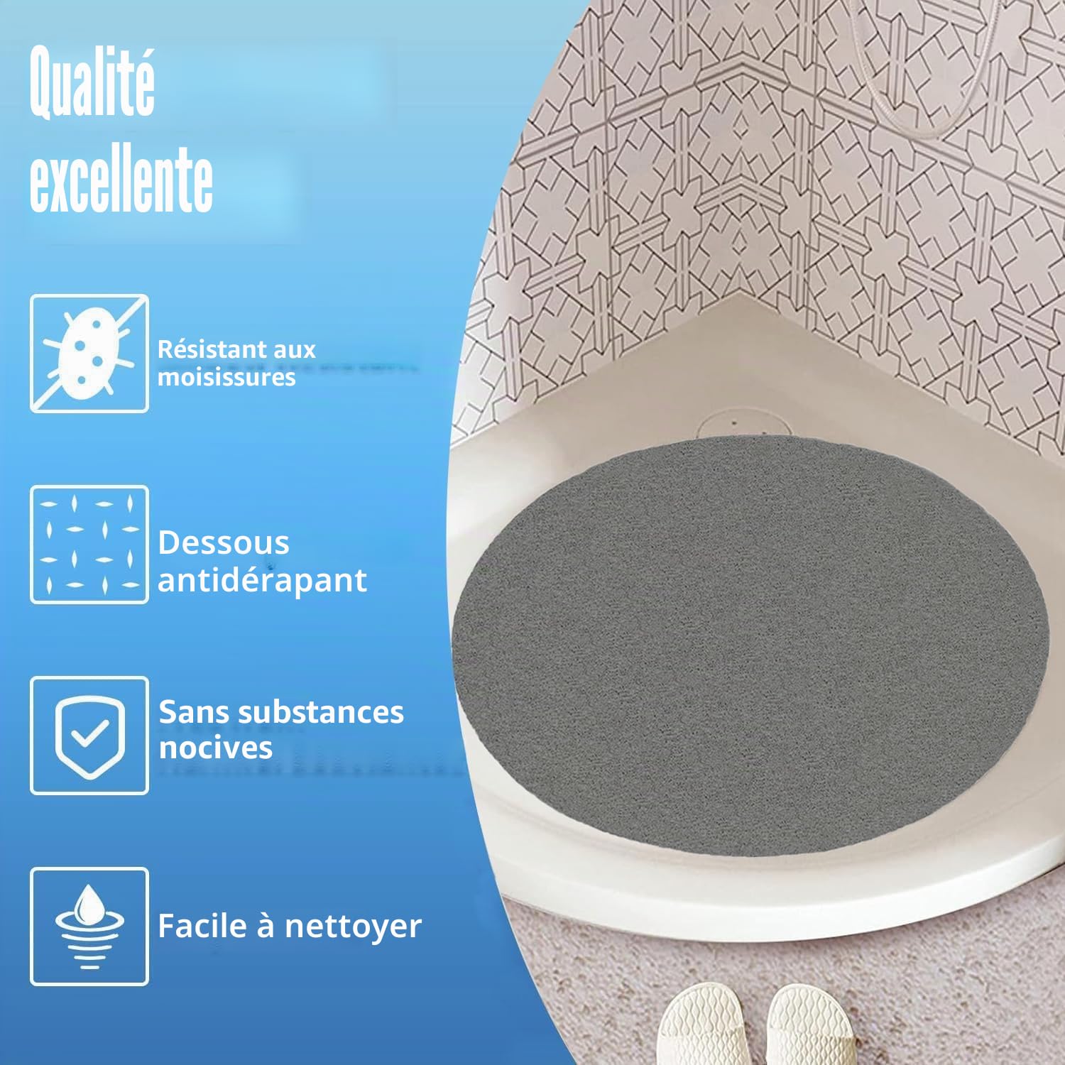 Tapis de douche rond, 60 cm, antidérapant, anti-moisissure, anti-bactérien, en Luffa, tapis de bain, en PVC, doux, pour salle de bain, pour salle de bain et zones humides (gris)