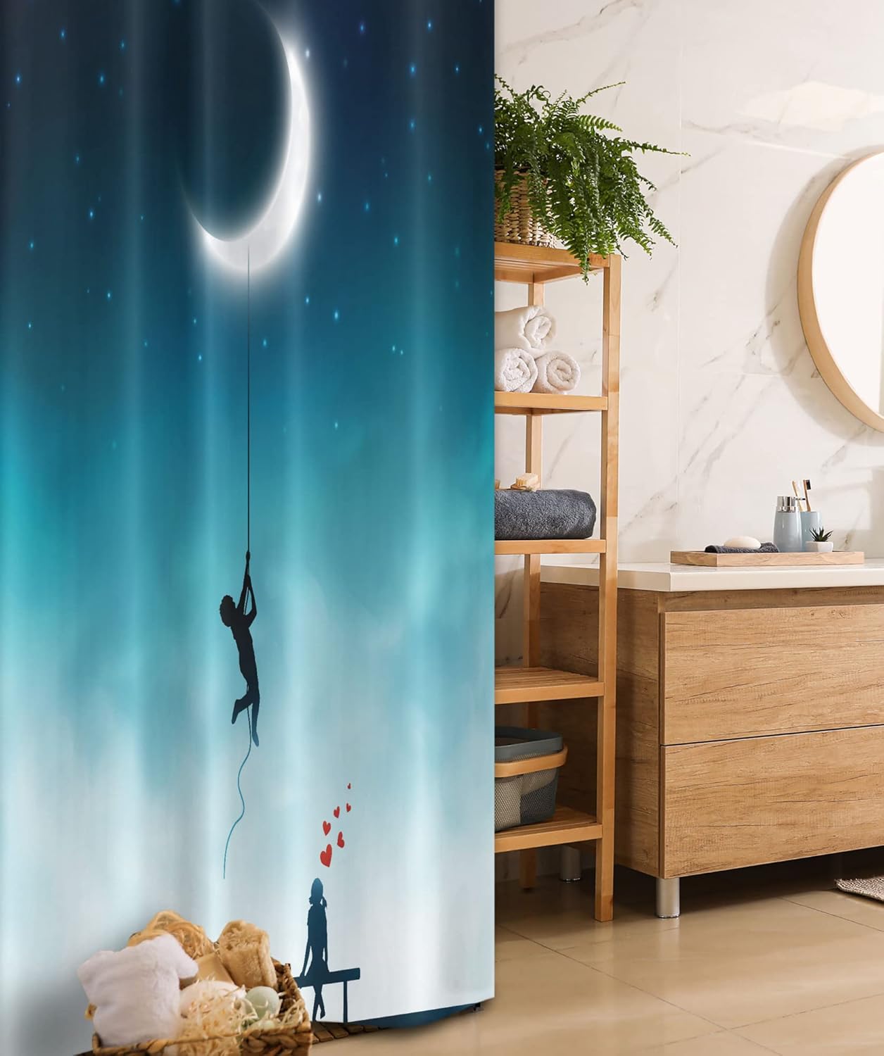 Ambesonne Fantasy Stall Shower Curtain, Characters Climbing to The Moon and Sitting on Bench Love Romance Themed Art, Fabric Bathroom Decor Set with Hooks, 36" W x 72" L, White and Teal