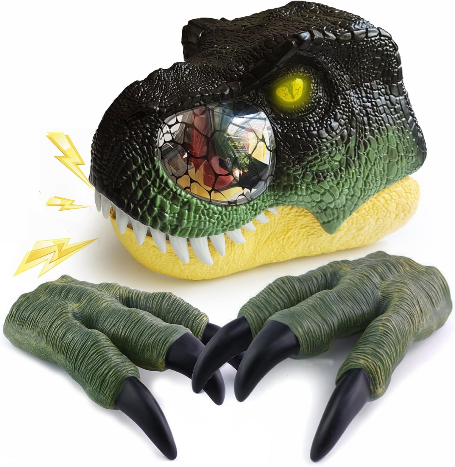 Maiwaput Jaw Movable Dinosaur Mask Claws Toy, Roaring Sound and Glowing Eyes with 2 Claws Costume Party Dress Up, Elastic Band and Face Protect Pad for More Comfortable Use, Halloween Party Cosplay
