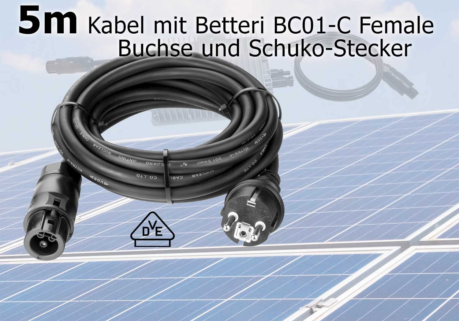 Avoltik Falownik, kabel przyłączeniowy 5 m, falownik, kabel 3-biegunowy, z gniazdem żeńskim Betteri BC01, solarny kabel przyłączeniowy Schuko do przyłącza AC I adapter do elektrowni balkonowej i