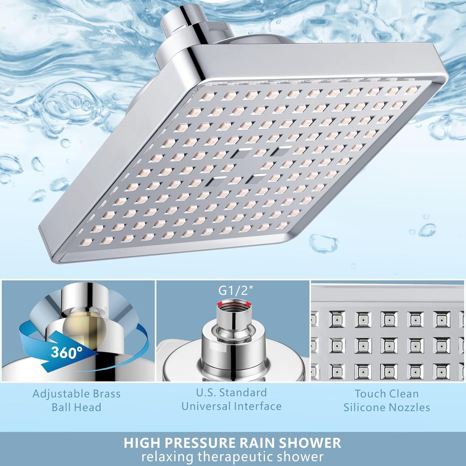 6" Square High Pressure Filter Rain Shower Head with 3 Pack Filtered Cartridges, Chrome