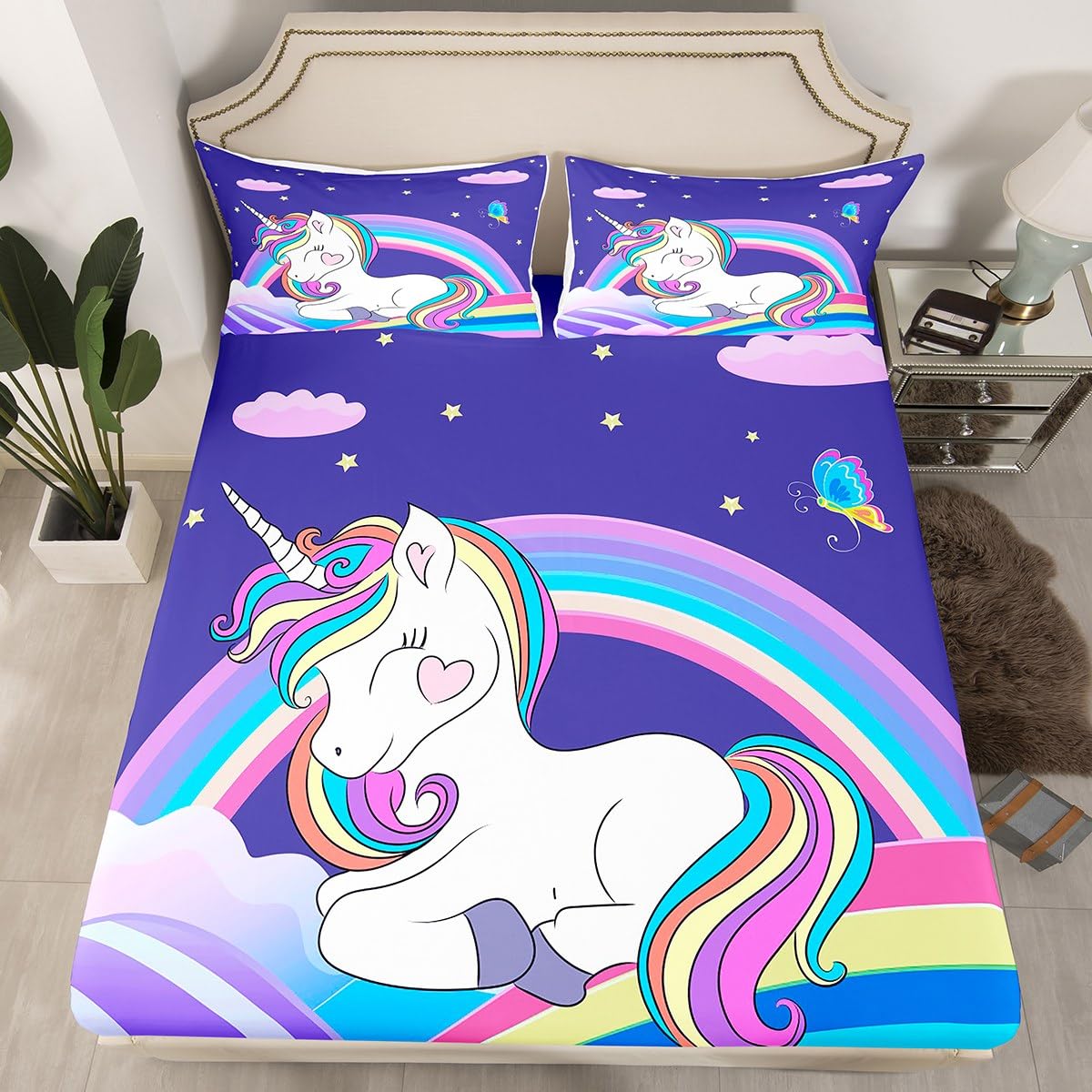 Lindo juego de sábanas de unicornio arcoíris para niñas, juego de sábanas de unicornio de dibujos animados con bolsillo profundo para niños, juego de ropa de cama de unicornio mágico con estampado de