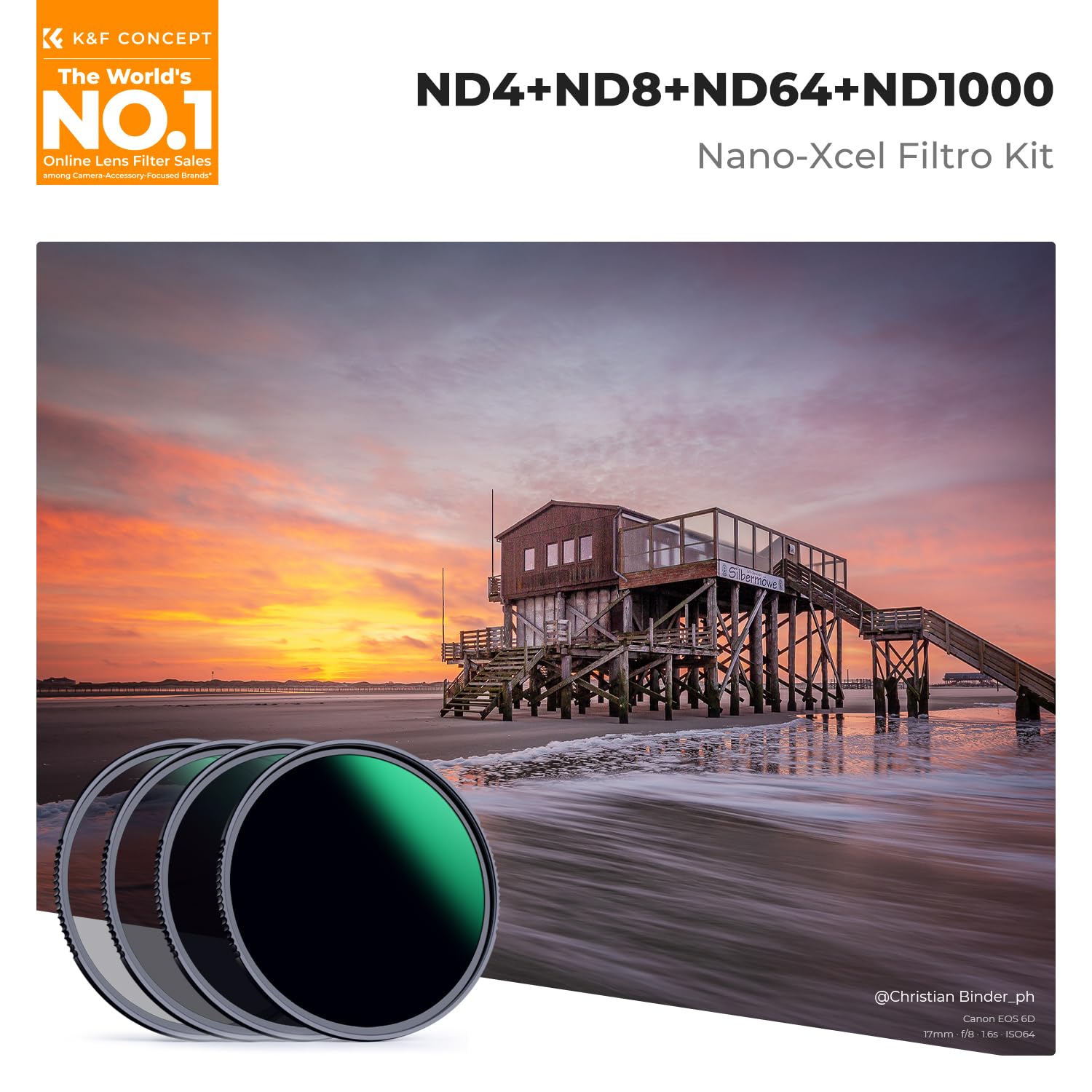 K&F CONCEPT Nano-Xcel ND Filtros Kit, 55mm Filtro ND4 + ND8 + ND64 + ND 1000 Densidad Neutral 28 Capas Nano Revestimiento con Estuche