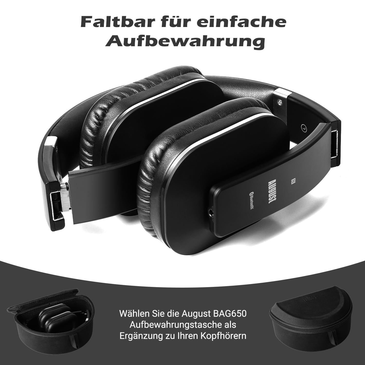 August EP650 - Bluetooth Kopfhörer v4.2 NFC mit aptX Low Latency - Stereo Over Ear Headphones Audio App kabellose Kopfhörer mit Mikrofon für Freisprecher tiefer Bass 15h Akku (schwarz)