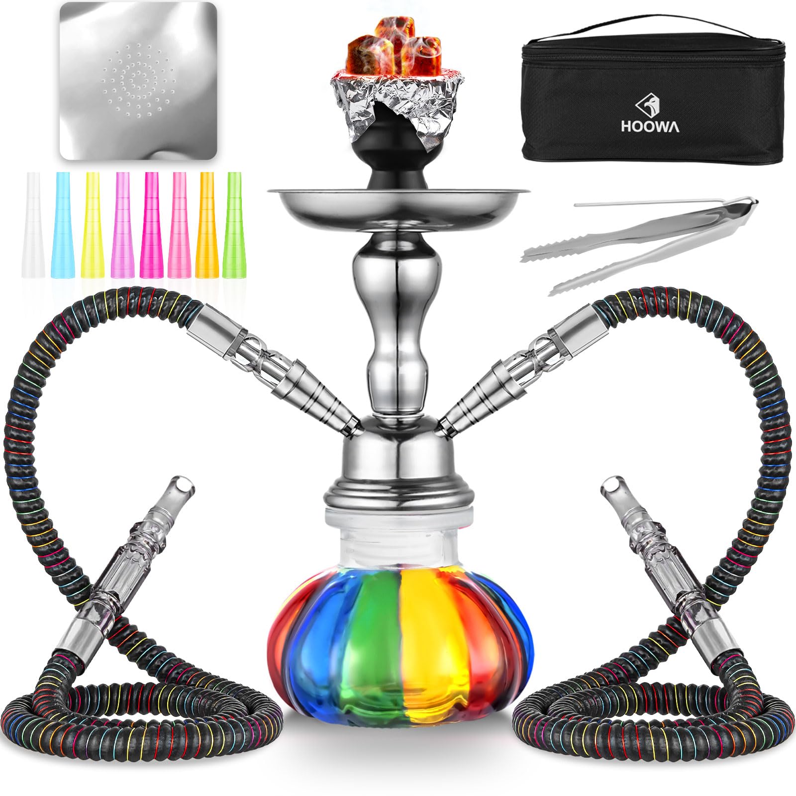 2 Hose Hookah Set 11'' Small Shisha Hookah Set With Mini Pumpkin Glass Vase, Ceramic Bowl, Leather Hose, Coal Tong, Hookah Foil, Disposable Tips (rainbow)