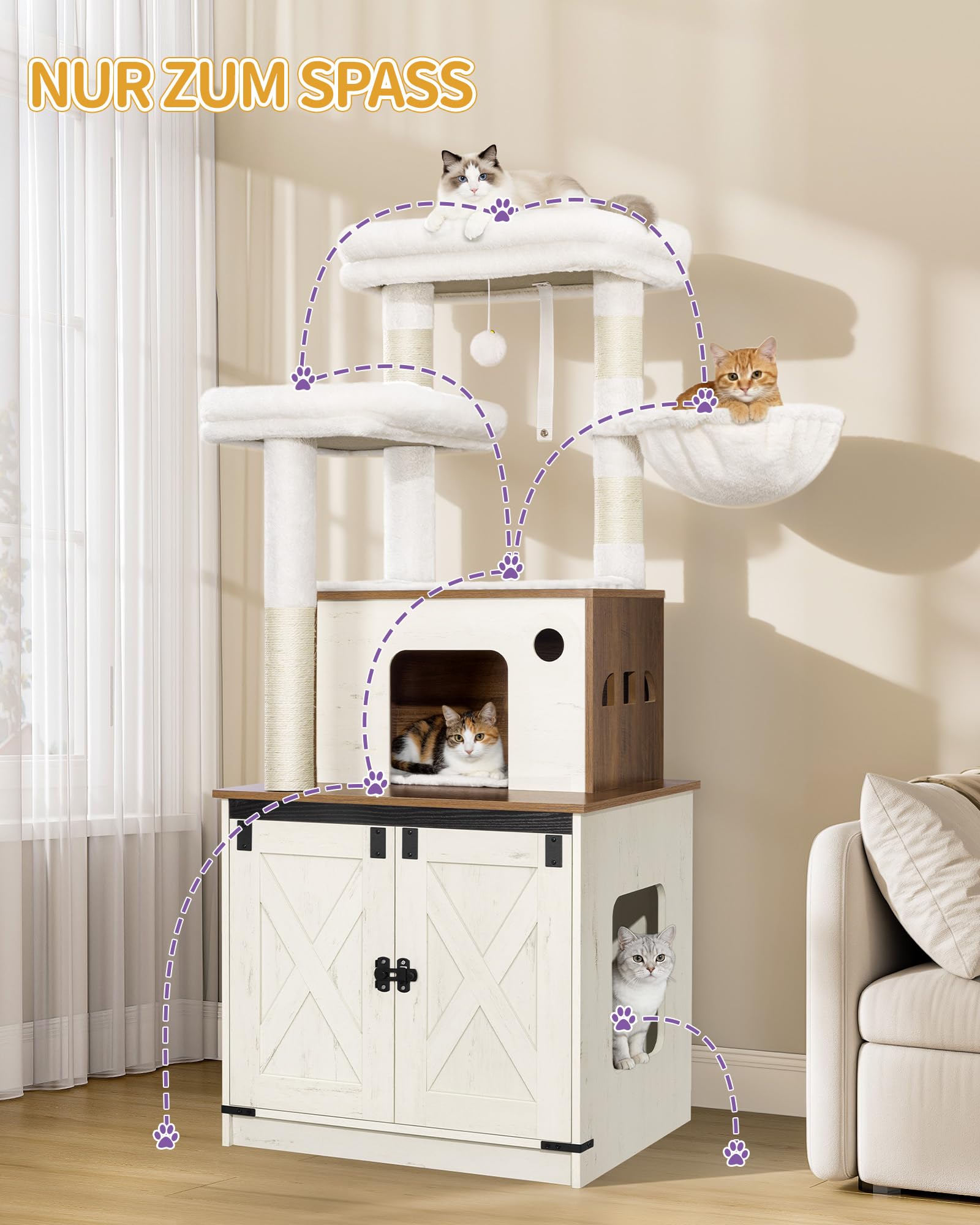 Hzuaneri Katzenbaum mit Katzenschrank, 145 cm Hoch, Braun-Weiß | Kratzbaum, Zwei Große Plattformen, Sisalsäule, Katzenkorb, Katzenhaus, Waschbares Kissen, Plüschbälle, CB89214WT