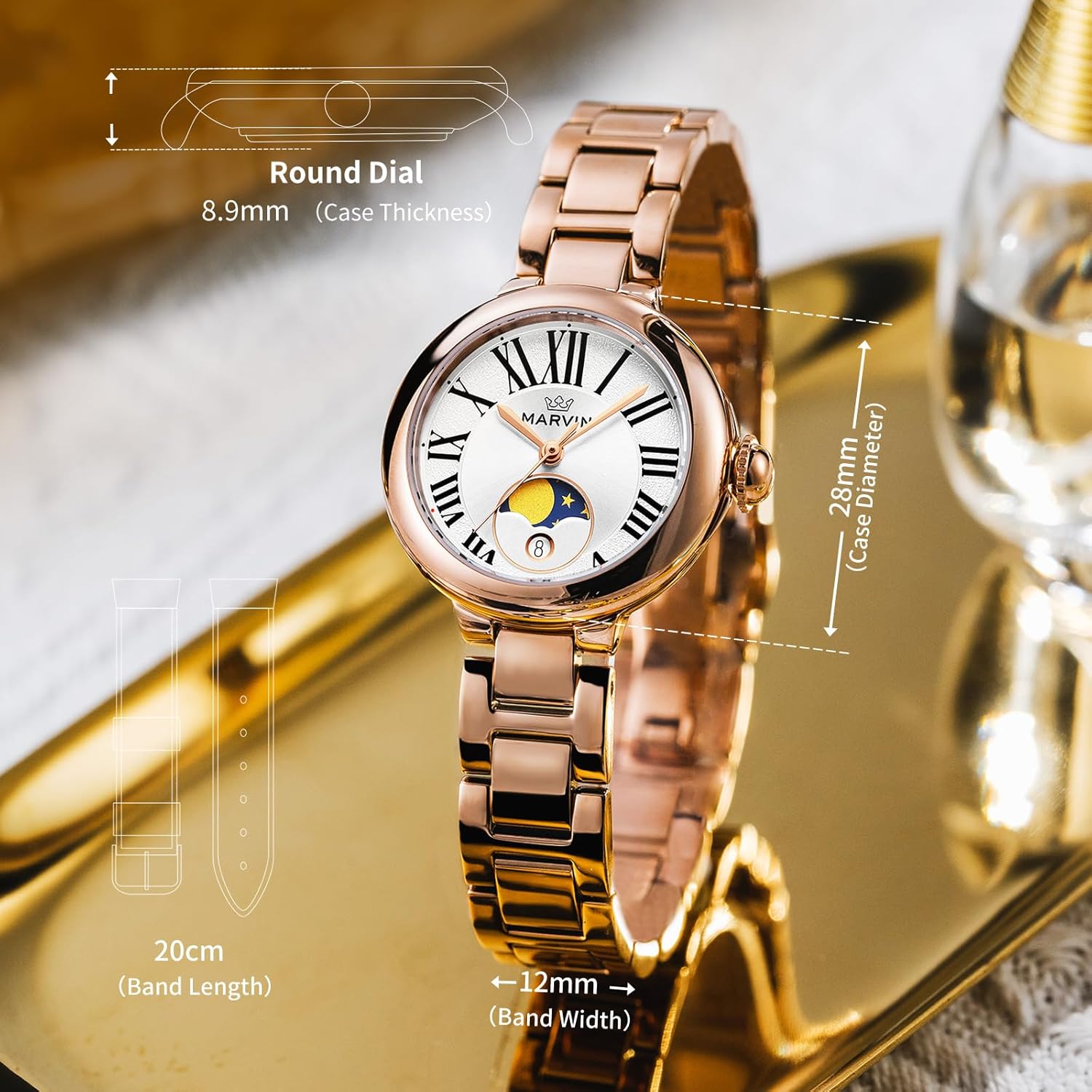 marvin Watches for Women Swiss Women's Watch with Stainless Steel Strap,28MM Sapphire Glass Dial,Quartz Movement,50M Waterproof - Image 6