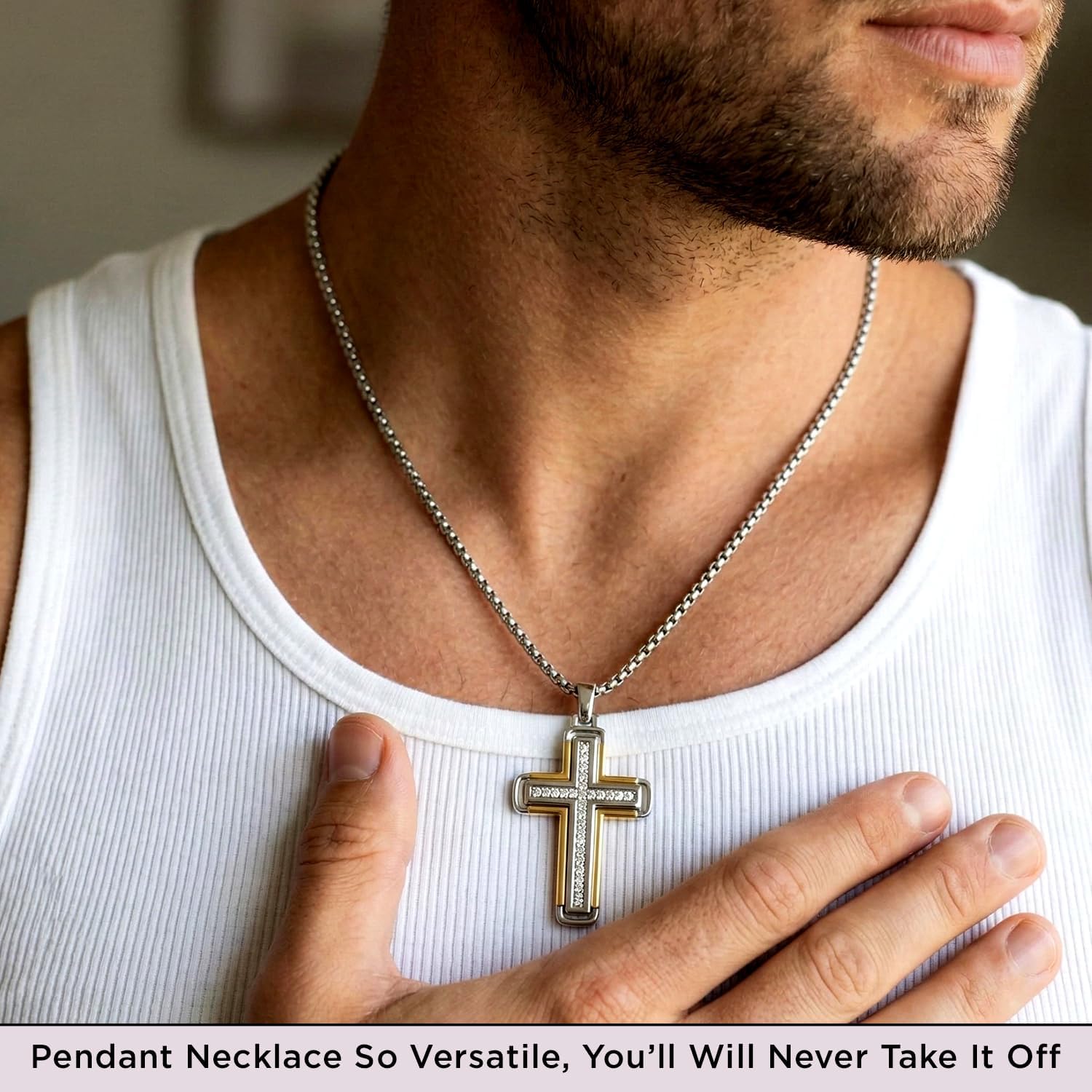 Jewelili Yellow Gold over Sterling Silver Cross Pendant Necklace for Men | 1/5 CTTW Natural White Round Diamonds | 18" Box Chain | Gift Box Included | Timeless Fashion Jewelry