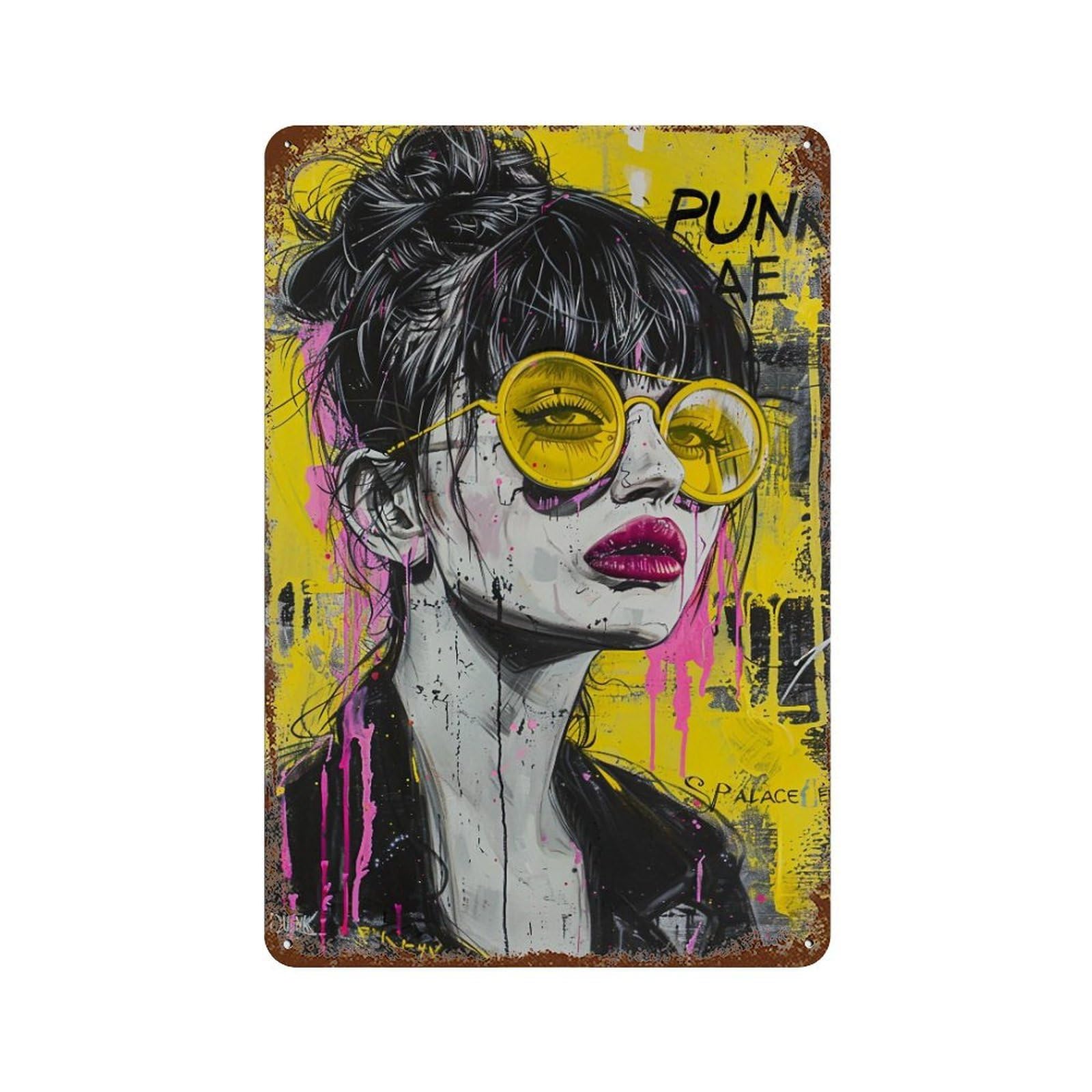 YHGERTKU Vibrant Yellow Sunglasses Punk Girl Portrait 01 Wall Art Retro Iron Vintage Metal Tin Sign Poster Modern Decor for Living Rooms Gift 30x20cm