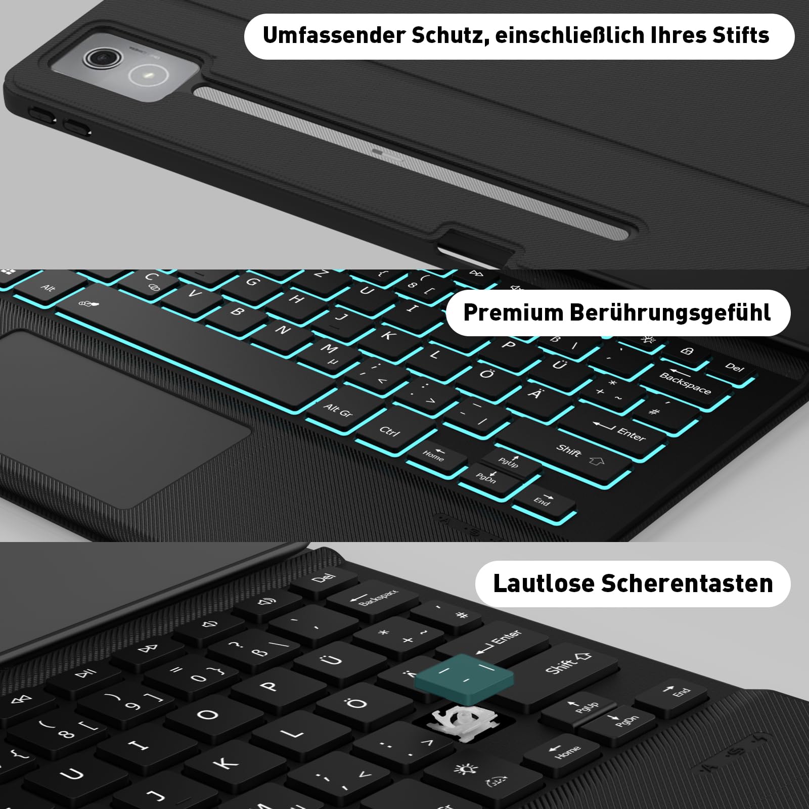 Tastatur mit Hülle für Lenovo Idea Tab Pro 2025 12.7 Zoll, Bluetooth Kabellose Tastatur mit Trackpad, Wiederaufladbar & Abnehmbar & 7 farbige Beleuchtung & QWERTZ, Schwarz