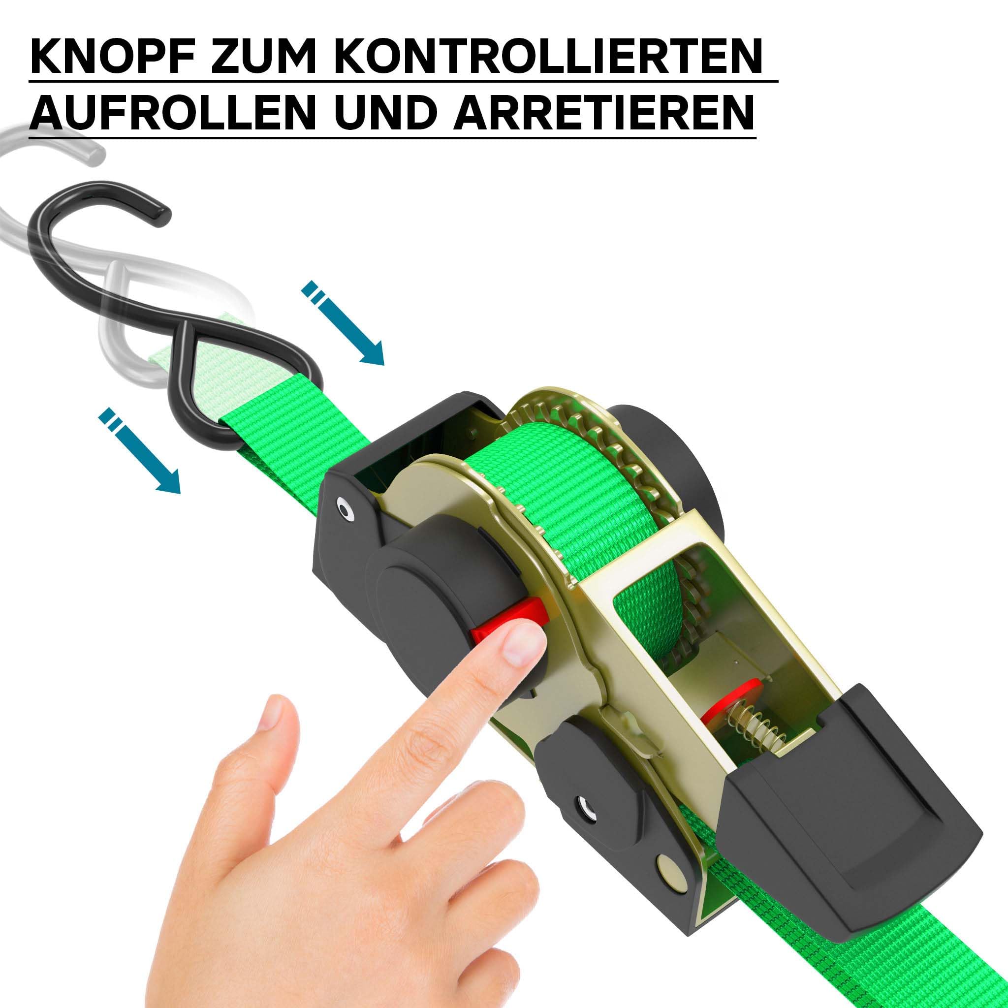 Automatyczny pas mocujący 4-częściowy zestaw 320 daN obciążenie 3 m x 25 mm PES pas mocujący z hakami w kształcie litery S, samozwijający się