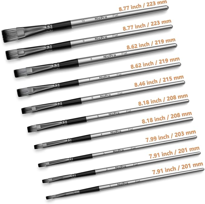 Set de 10 pinceles planos Nicpro, para pintura acrílica, acuarela, óleo, gouache, manualidades y arte corporal miniatura 8