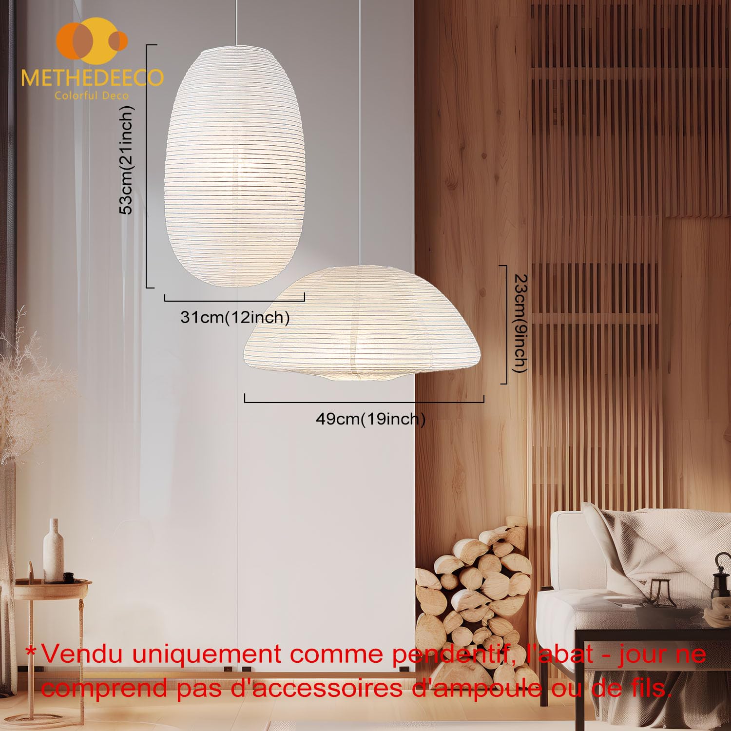 METHEDEECO Lot de 2 Abat-jours Suspension en Papier Blanc | 1 Ovale 53 x 31 cm + 1 Demi-Sphère 49 x 23 cm, Style Bohème Japandi Minimaliste, Lumière Douce