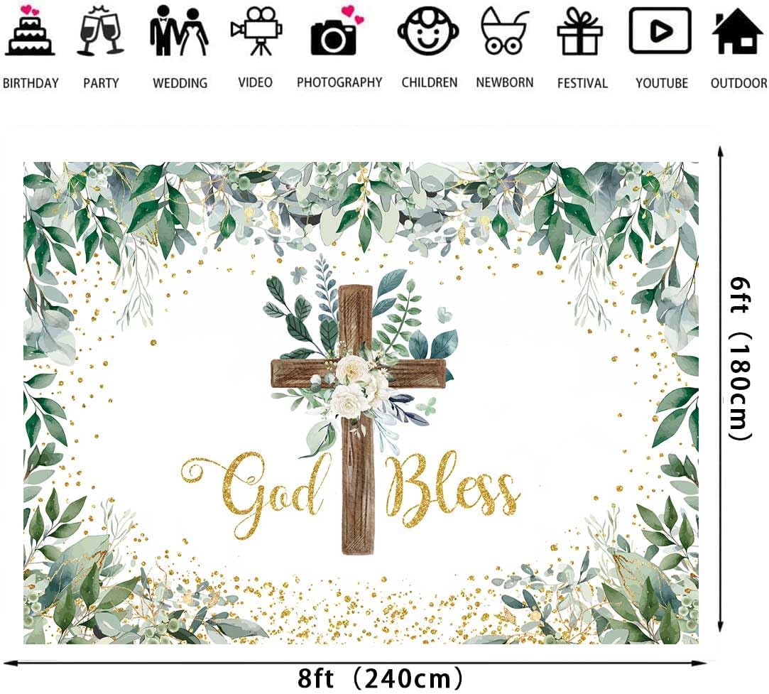 Eucalyptus God Bless Backdrop Greenery Wooden Cross Baptism Photography Background Eucalyptus God Bless First Holy Communion Party Decoration(8x6FT)