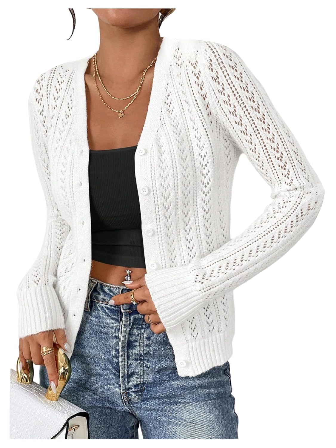 SHENHE Womens Pointelle Cardigan Sweaters Cropped Button Down Cardigan Long Sleeve Trendy Fall Shrugs