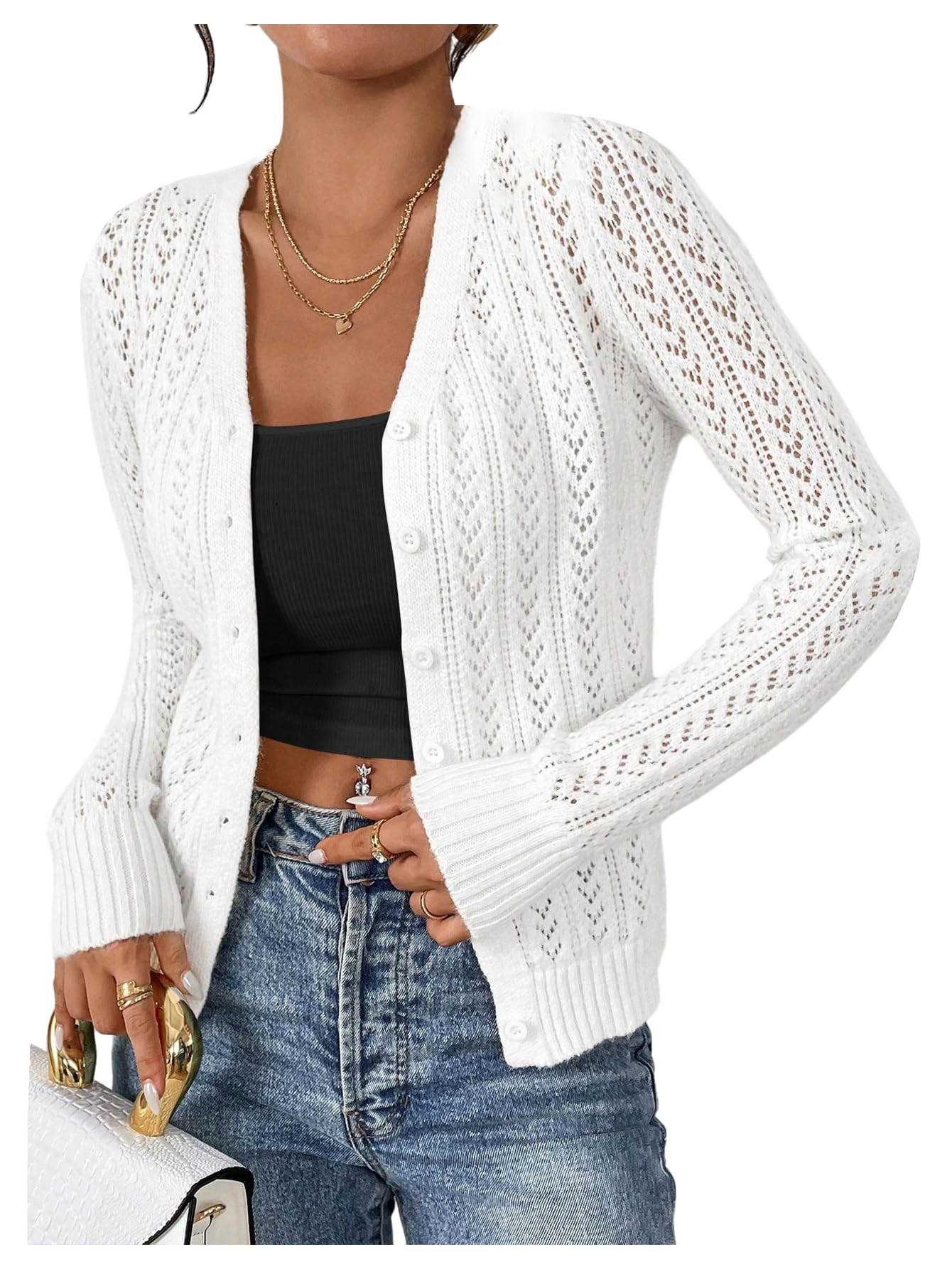 SHENHE Womens Pointelle Cardigan Sweaters Cropped Button Down Cardigan Long Sleeve Trendy Fall Shrugs