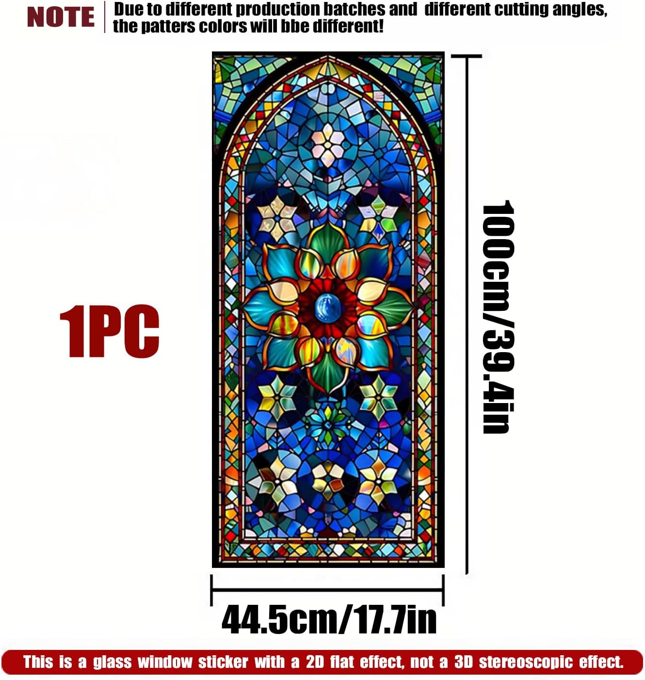 Stained Glass Window Privacy Film 17.5×39.4 Inch – Colorful Cathedral Pattern Static Cling Window Film, No Adhesive UV Blocking Decorative Glass Cover (Decorative Floral Panel)