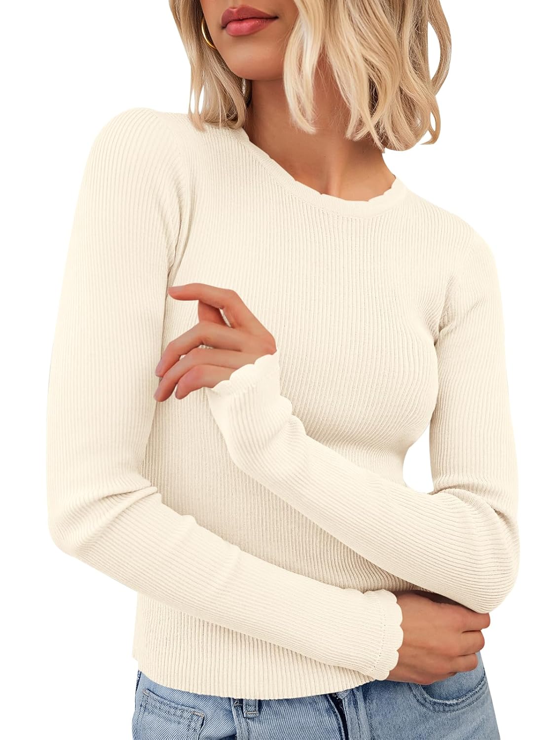 PRETTYGARDEN Womens Long Sleeve Shirts Ribbed Knit Fitted Cute Tops for Women Trendy Basic Pullover Shirt Fall Clothes