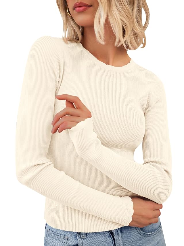 PRETTYGARDEN Womens Long Sleeve Shirts Ribbed Knit Fitted Cute Tops for Women Trendy Basic Pullover Shirt Fall Clothes