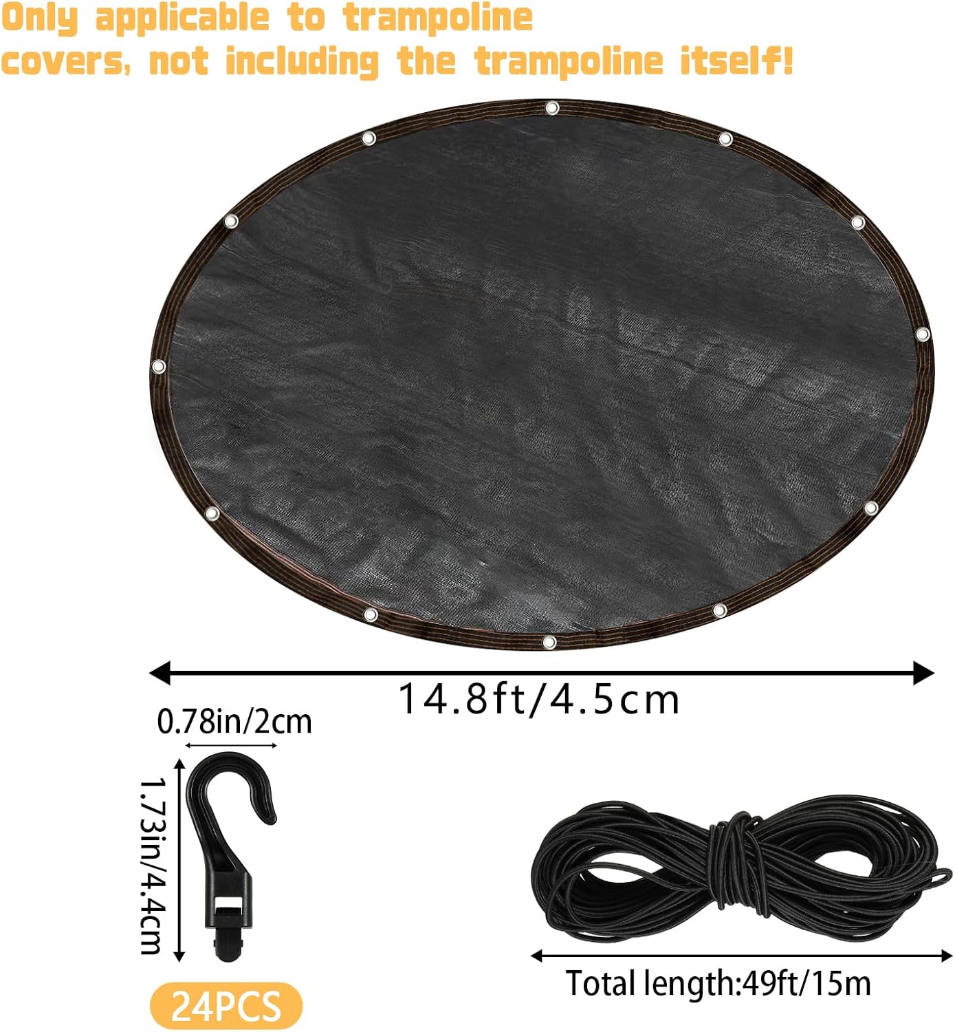 Trampoline Cover Black Round 90% Sunblock Shade Cloth 14.5FT Trampoline Top Shade Cover Sun Shade Mesh Tarp with Elastic Cord Plastic Hooks for Outdoor Backyard Playground Accessories, Tent Only