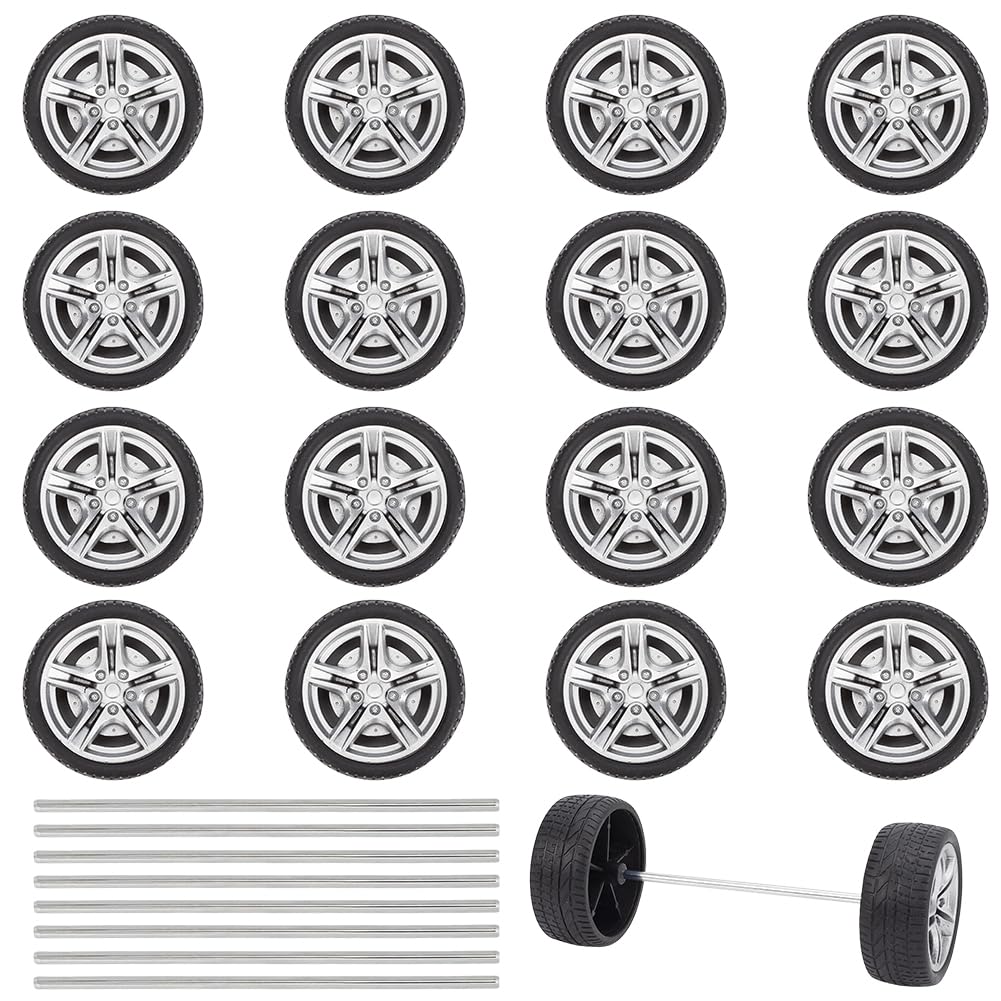 ORIGACH 16Pcs Toy Car Wheels 48mm Plastic Wheels with 8Pcs Shaft Round Rod