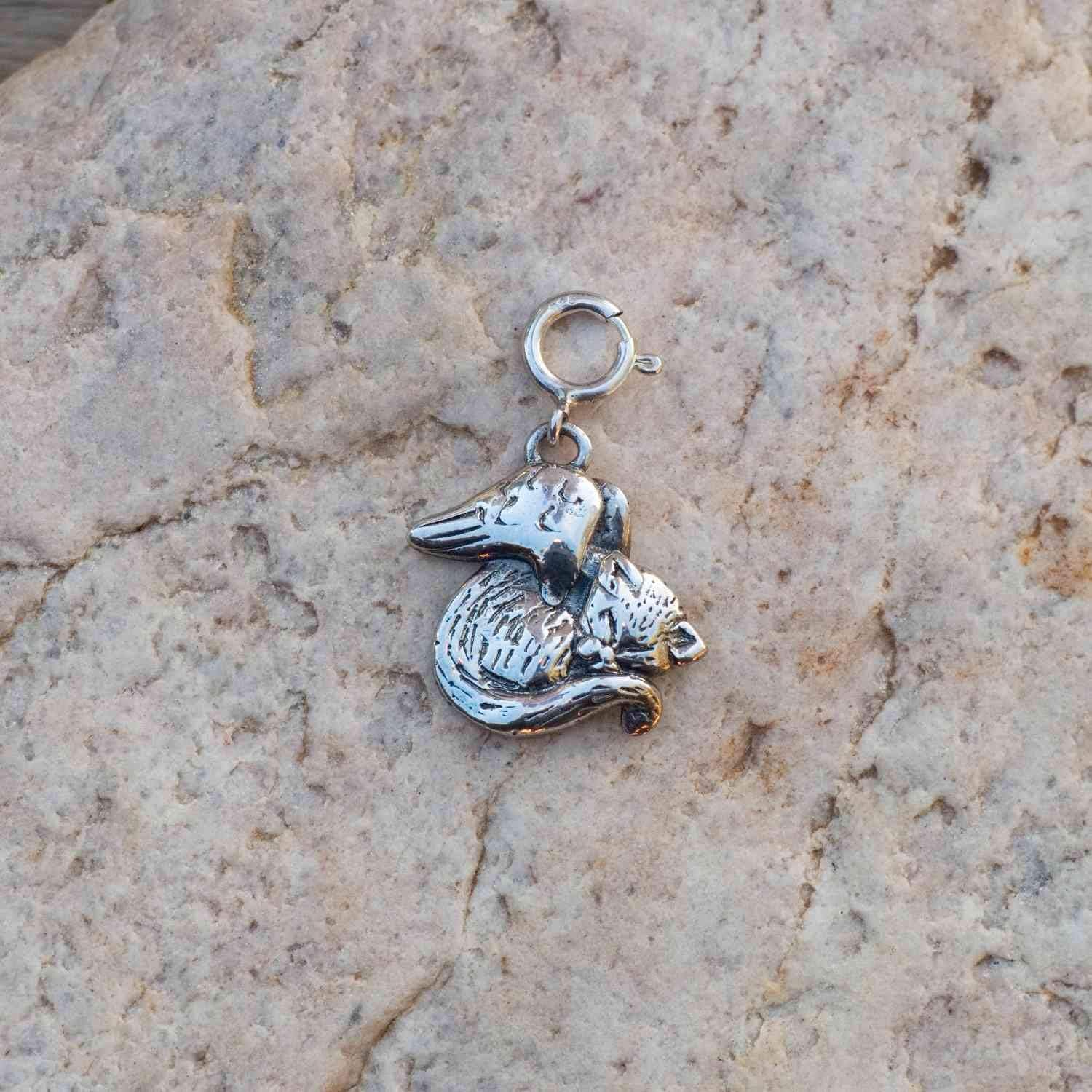 Sterling Silver Sleeping Cat Angel Charm for Charm Bracelet - Kitten Pet Loss Gift for Women